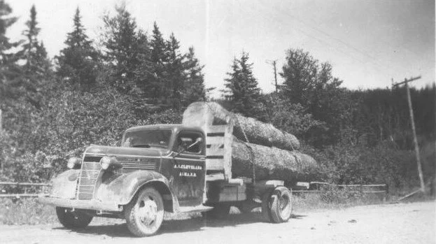 Hebron logs going to JE Cleveland mill in Alma 1942. From the Dawne McLean Collection