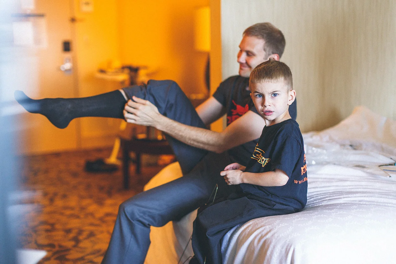 Groom getting ready with nephew