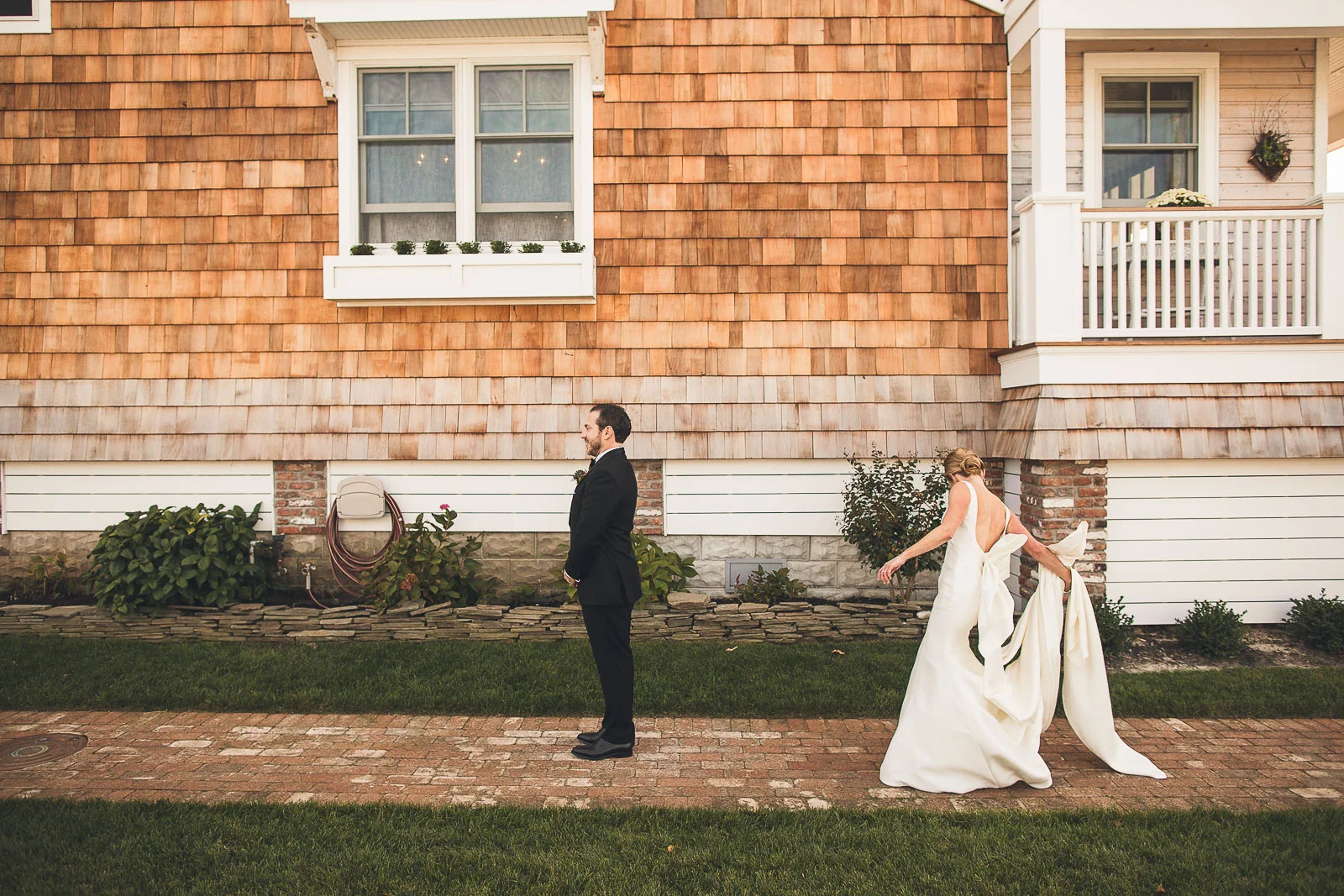 Bride and groom about to see each other for first time