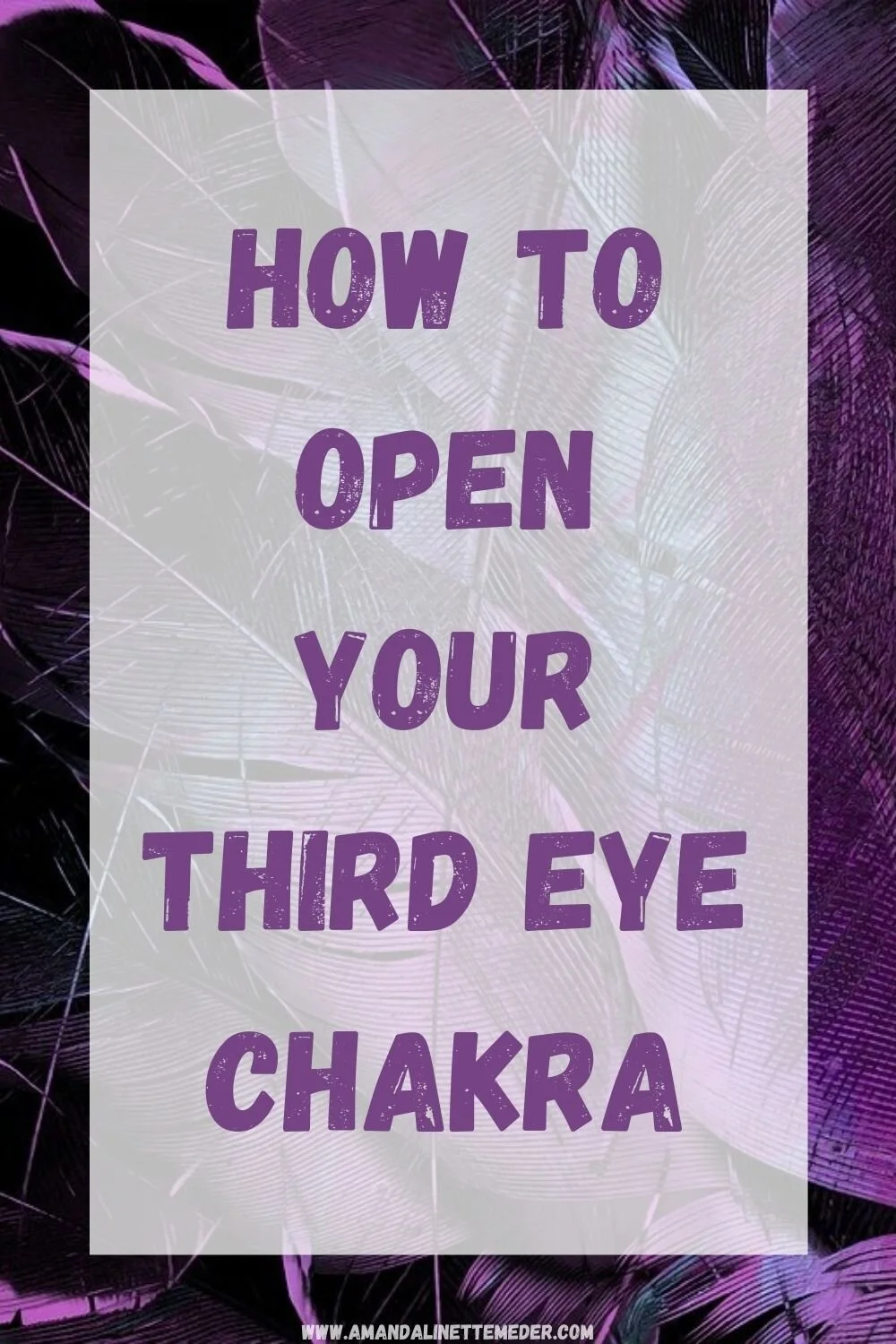 Photo of deep violet and iridescent green-blue feathers by Yuri_B from Pixabay with text overlay How To Open Your Third Eye Chakra.