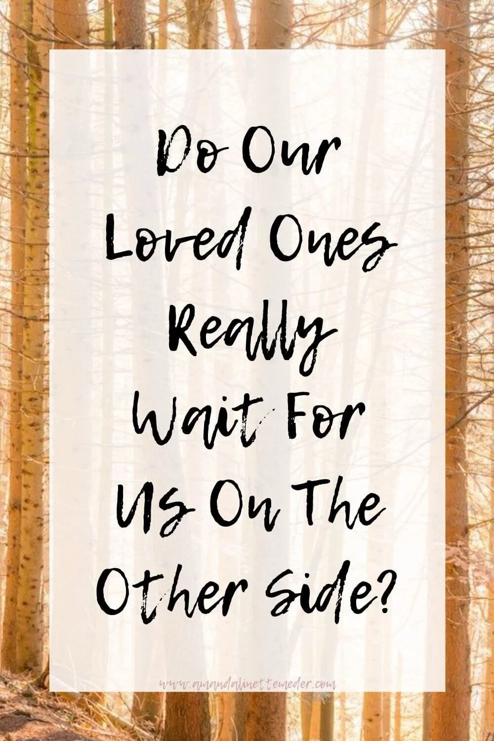 Do our loved ones really wait for us on the other side? Photo of stand of bare leafed forest trees in golden light on a hillside trail by Christian Regg on Unsplash with text overlay.