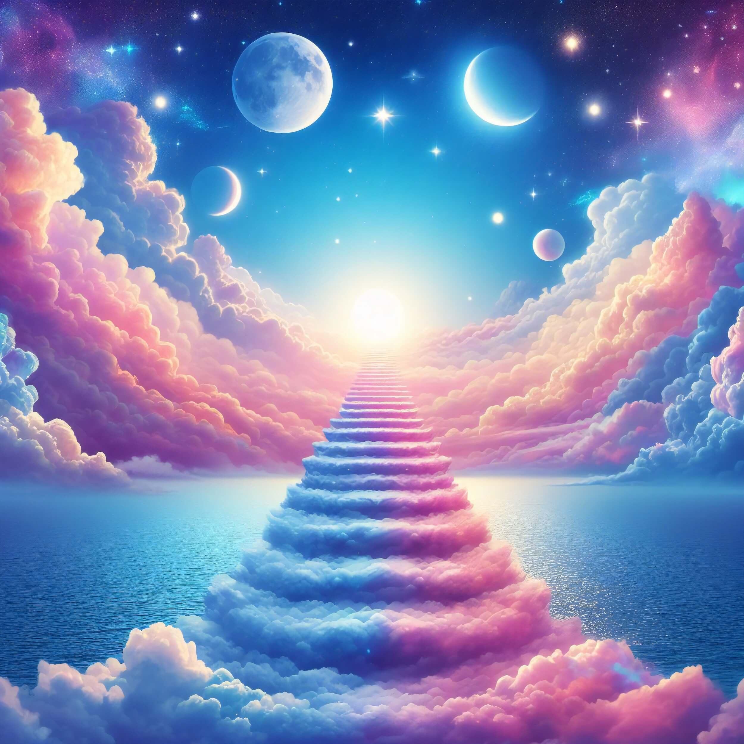 dreamy stairs pair with moons in ethereal scene