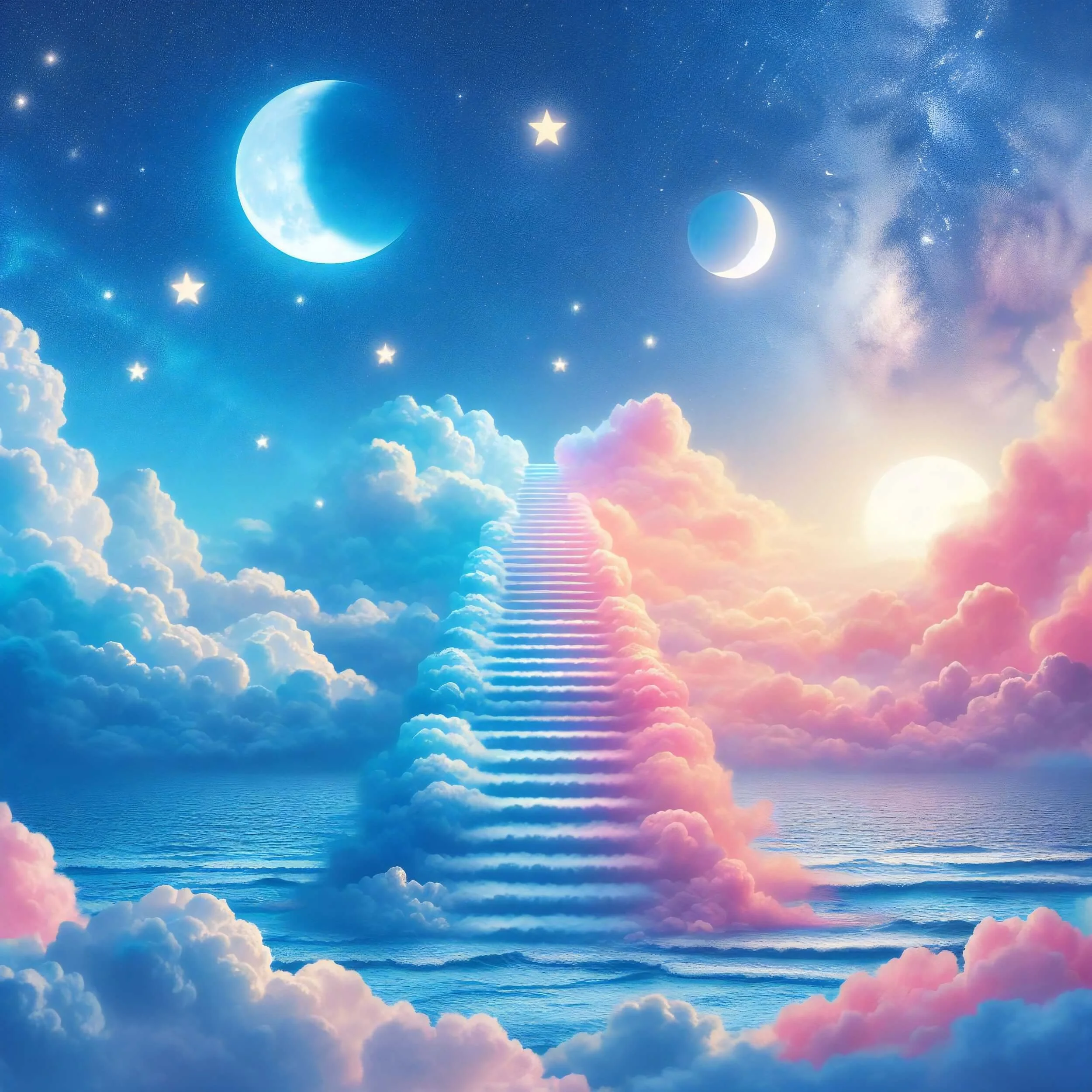 dreamy cloud stairs in pinkish orange, bluish teal scene leading upwards with moon and sun on either side