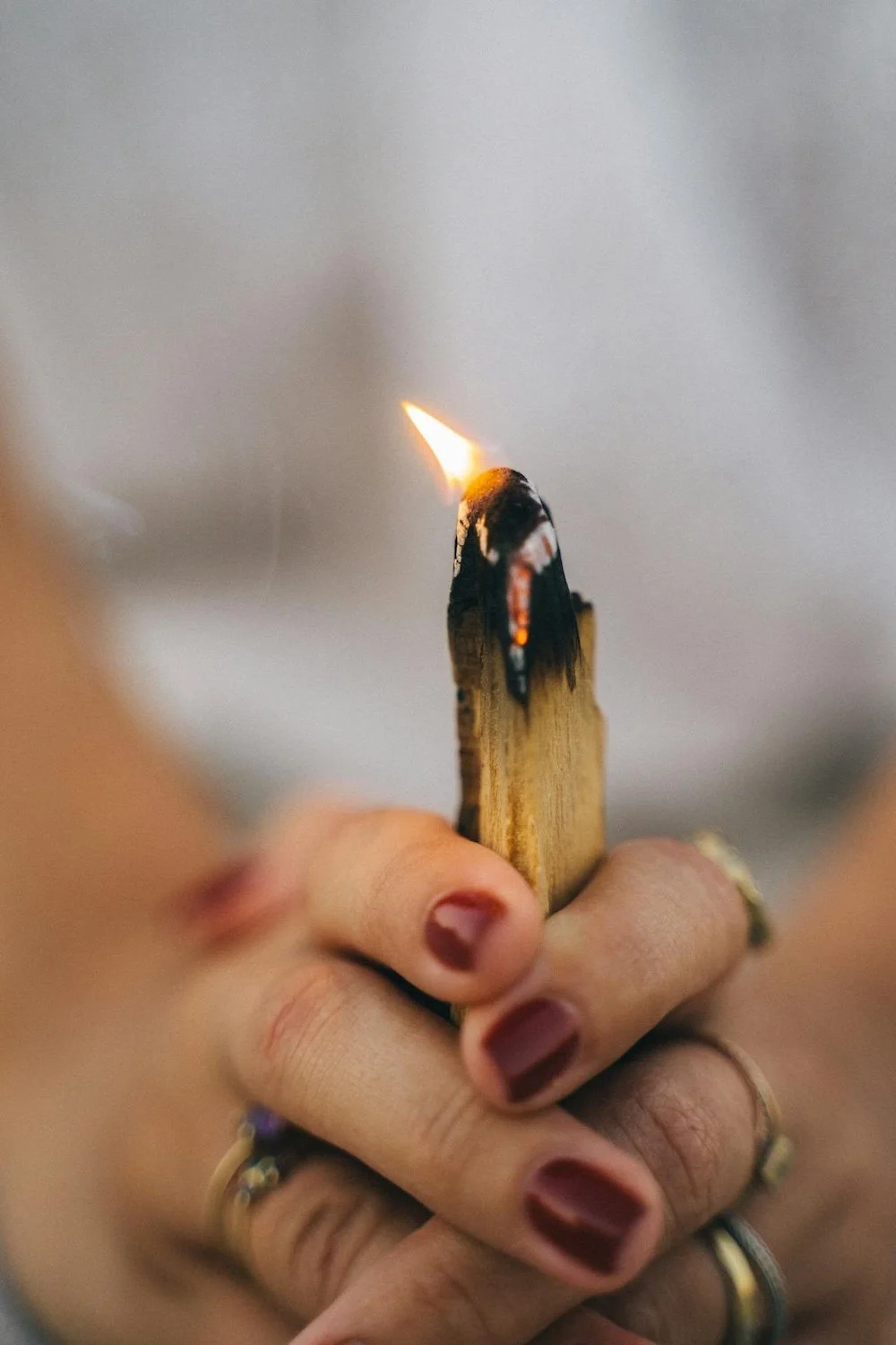 Photo of woman holding palo santo with red finger nails by Anna Tarazevich on Pexels