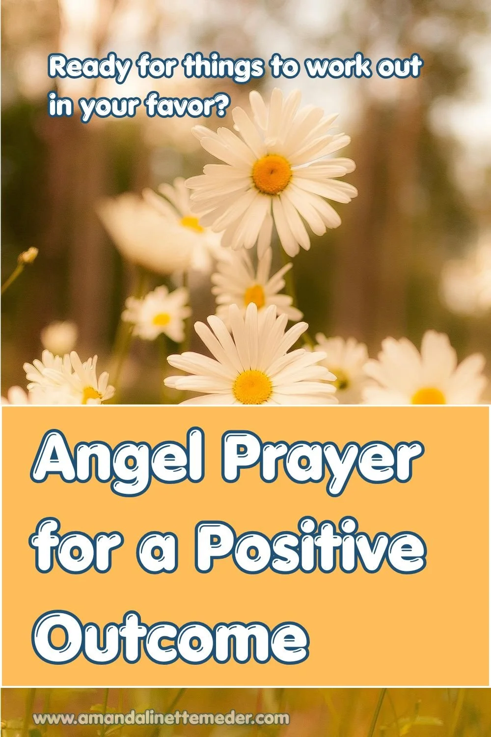 White and yellow daisies in golden yellow light by Xuan Hoa Le on Pexels with text overlay: Ready for things to work out in your favor? Angel Prayer for a Positive Outcome.