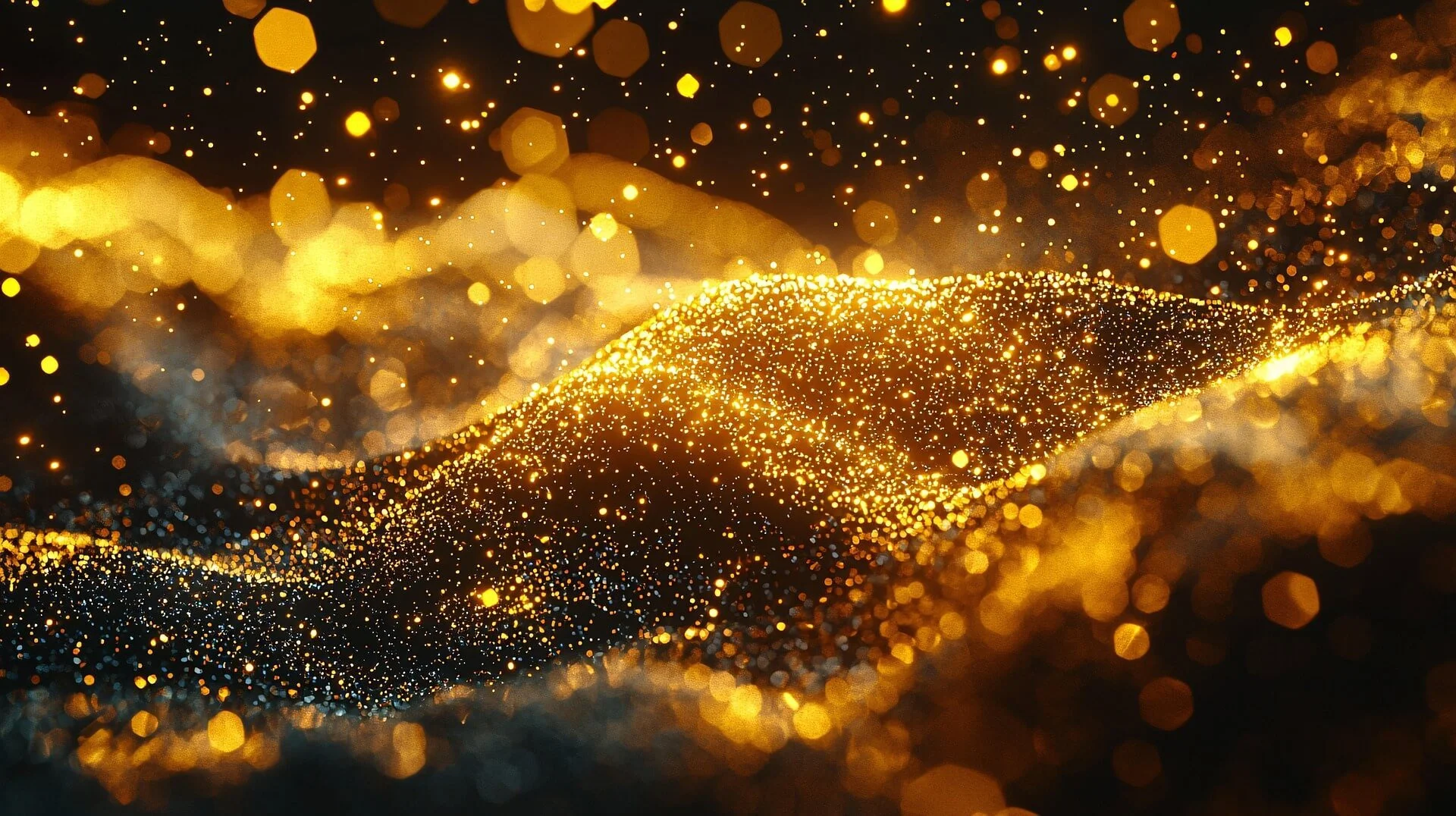 Golden glittering particles forming wavy patterns against a dark background with soft bokeh lights.