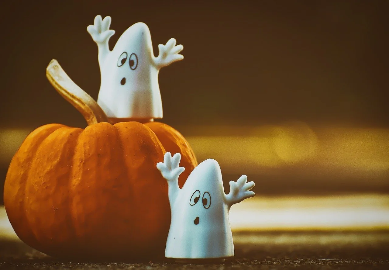 Photo of two ghost figurines and pumpkin by Alexas_Fotos from Pixabay