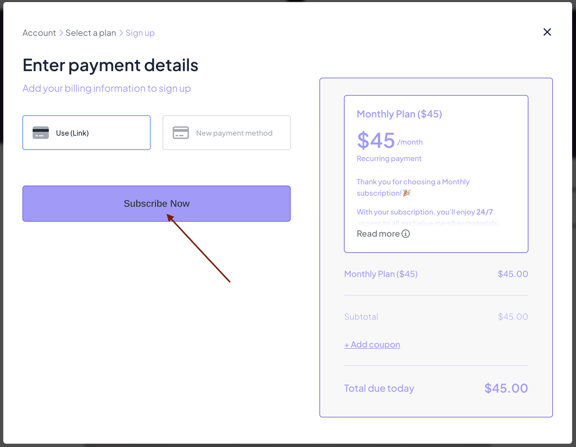 Monthly Member Plan payment screen