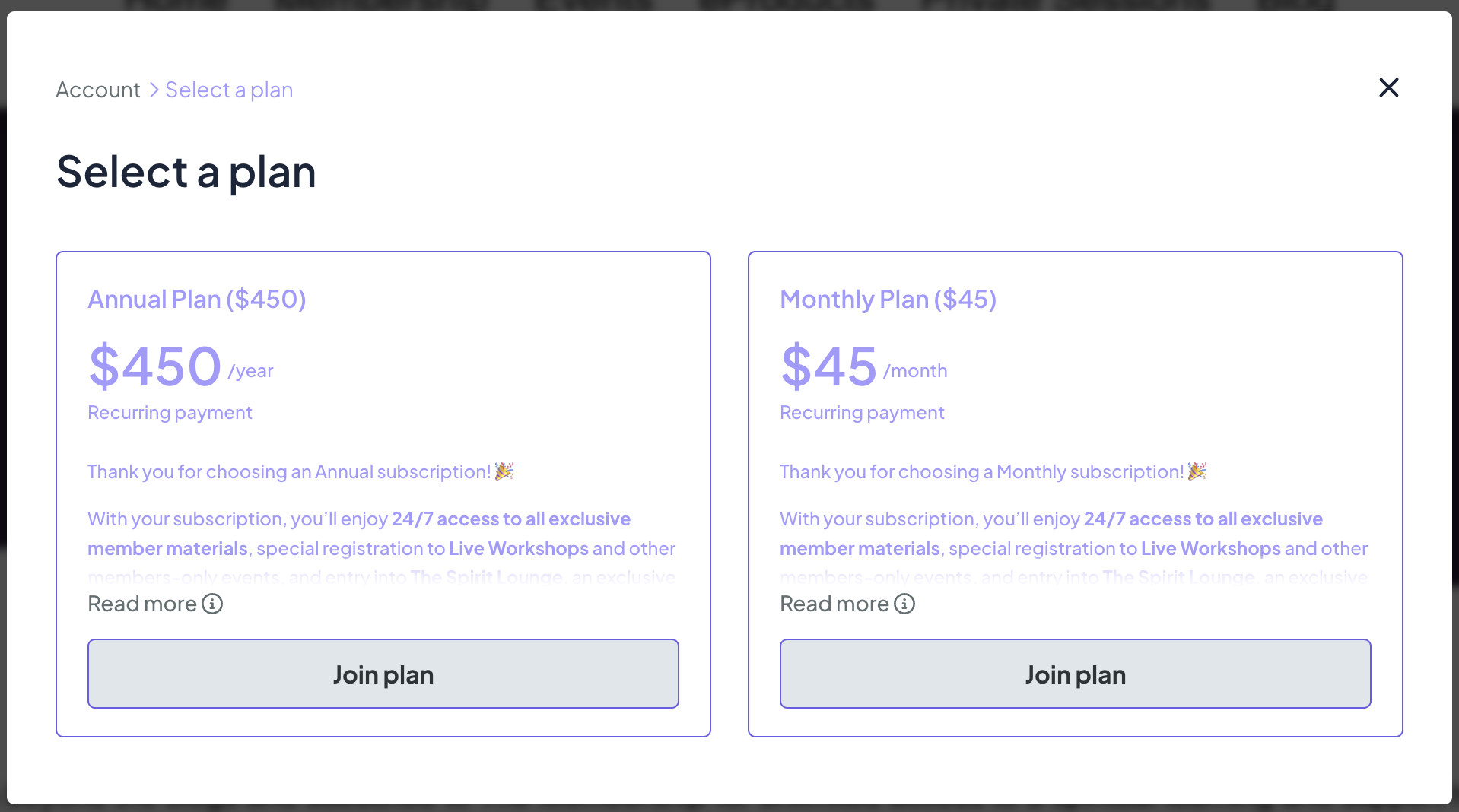 Member Plan selection page