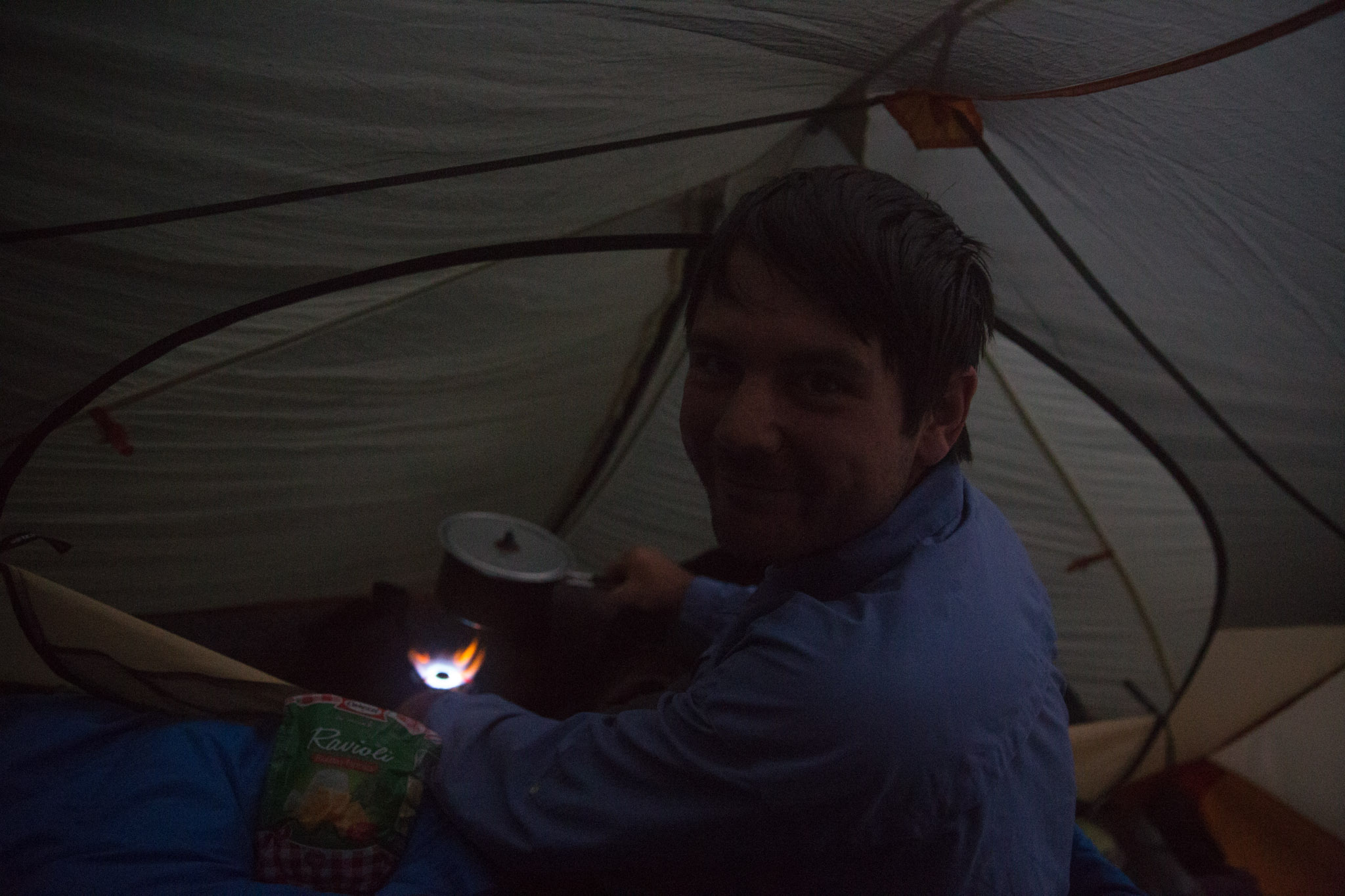 Cooking some soup to warm us up. Our initial concerns about cooking inside the tent from the very start of the holiday are now long gone.