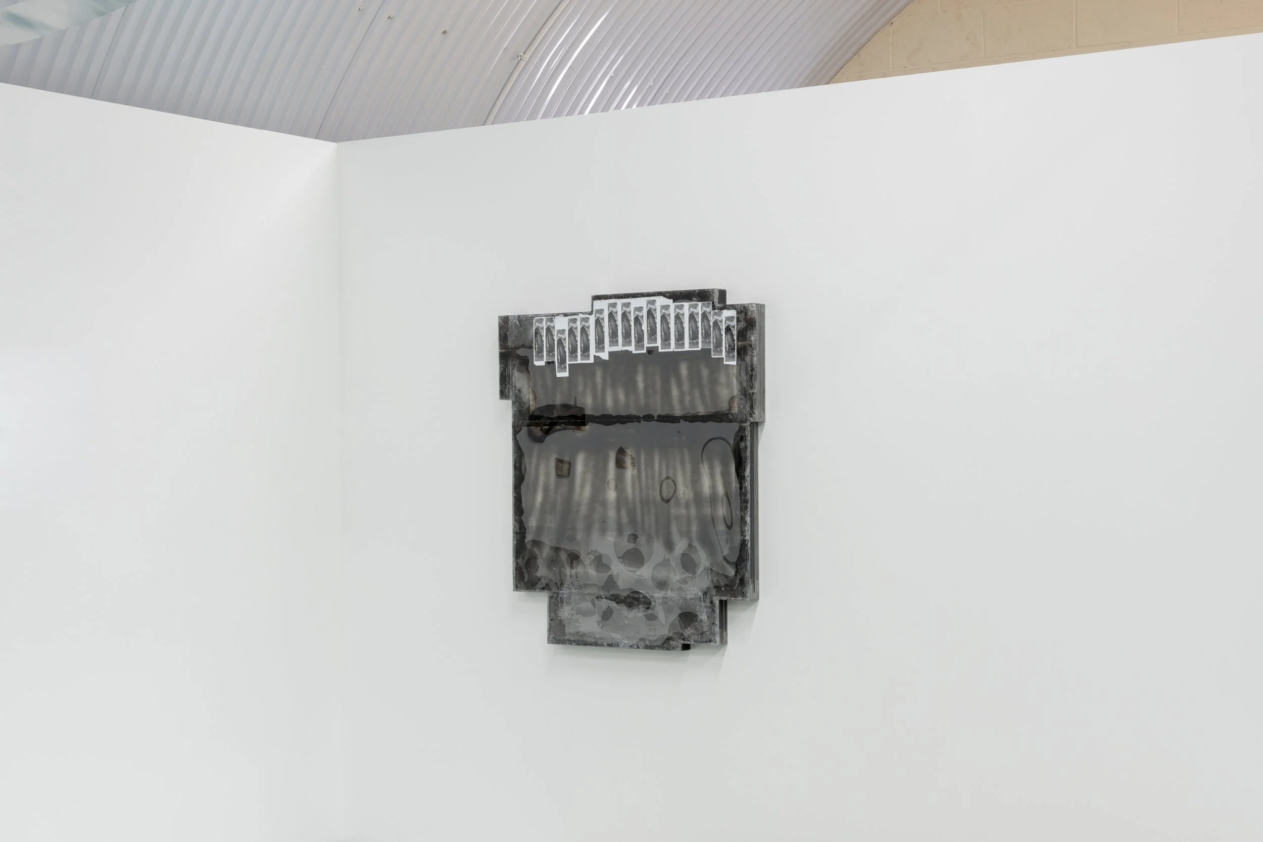  JASON GRINGLER.  PHOTO JOURNAL (15) (2025).  ‘SHADWELL BIENNIAL’ SEASON 4 EPISODE 6, SANTI GALLERY, LONDON. JAN 22 - FEB 14 2026.  LAYERED ACRYLIC GLASS, REFLECTIVE VINYL, PHOTOGRAPHS, WOOD, ADHESIVES, STEEL, SPRAY ENAMEL, COLLAGE, PACKING TAPE.  11