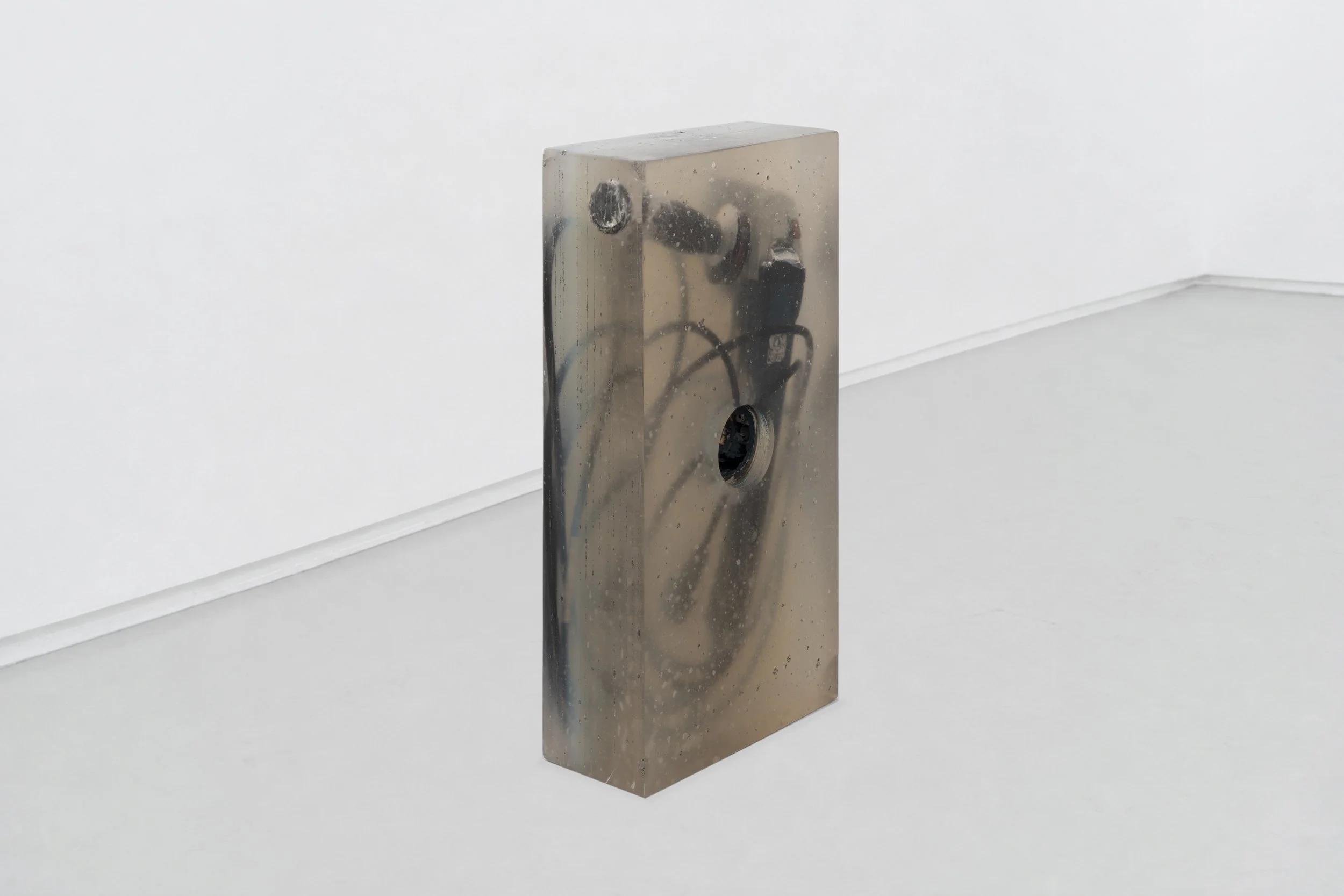  JASON GRINGLER.  TOOL (1) (ANGLE GRINDER) (2021).  'INAUGURATION' LO BRUTTO STAHL, PARIS. APRIL 1 - JUNE 3 2023.  ANGLE GRINDER, RESIN,  ALUMINUM TAPE, SILICONE, DUST.  11 X 26 X 51 CM. 