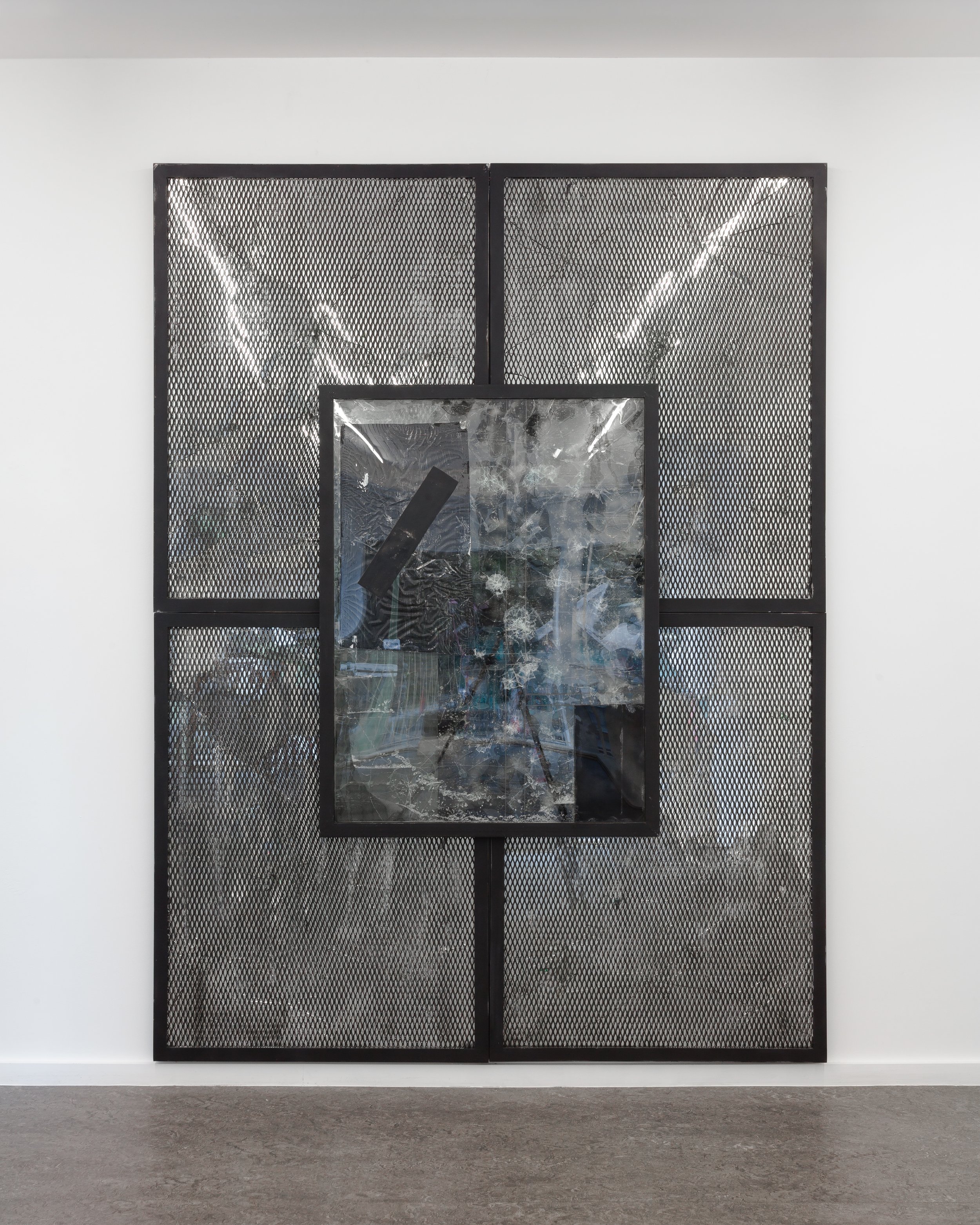 JASON GRINGLER. STEEL/MESH (2) (2016).  'SCREENS' TICK TACK, ANTWERP. JULY 3 - AUGUST 20 2020.  LAYERED ACRYLIC GLASS, EPOXY RESIN, BROKEN GLASS, SPRAY ENAMEL, STEEL, SIGN VINYL, WINDOW SCREEN, ADHESIVES, COLLAGE, CARDBOARD, MIRROR, INK.  8 X 183 X 