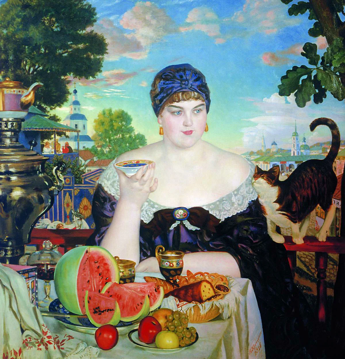 "Merchant's Wife at Tea" by Boris Kustodiev . She is feasting on the exotic fruits and wares her husband just brought back from his travels. Among them tea, which came to Russia with the merchants from far away China. Additional factoid, in the late 1800's the plumper the woman was the more beautiful she was considered. Plumpness was also a sign of good health and riches . (Oh to have those times back!)