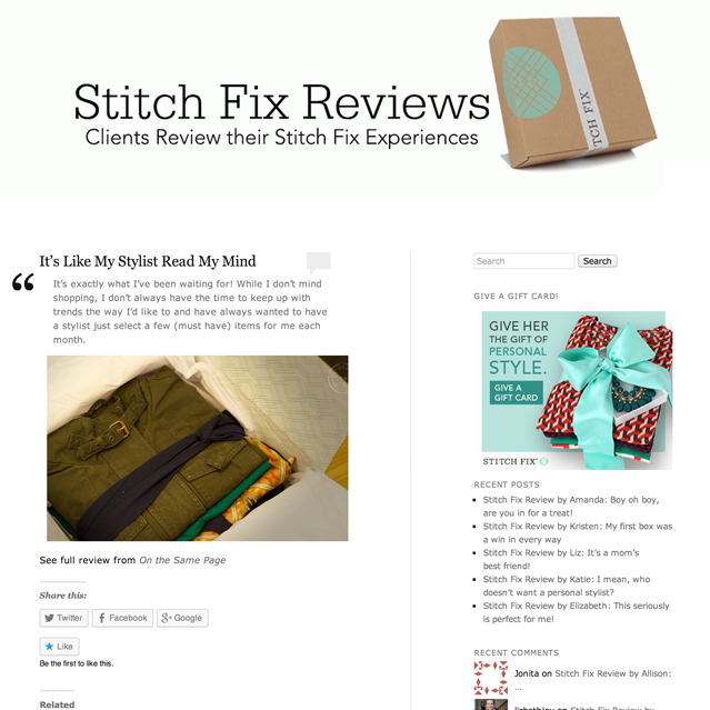 Dec 2013 | Stitchfix.com Mu-Hsien's review of Stitch Fix, a novel way for a stylist to shop for you.