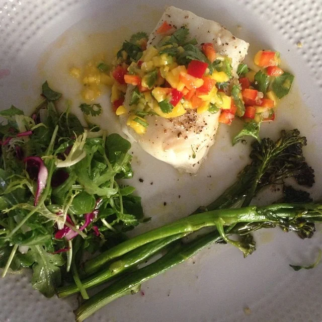 Mango Salsa Cod, Rocket Apple Vinegar Salad, Roasted Broccolini, & Thyme Potatoes (hiding in the oven)