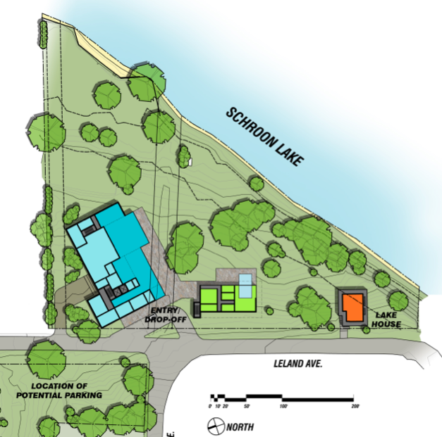 Part of a PDF showing the very preliminary plans for The Inn On Schroon Lake, what the ground floor might look like at the redeveloped Woods Property. 