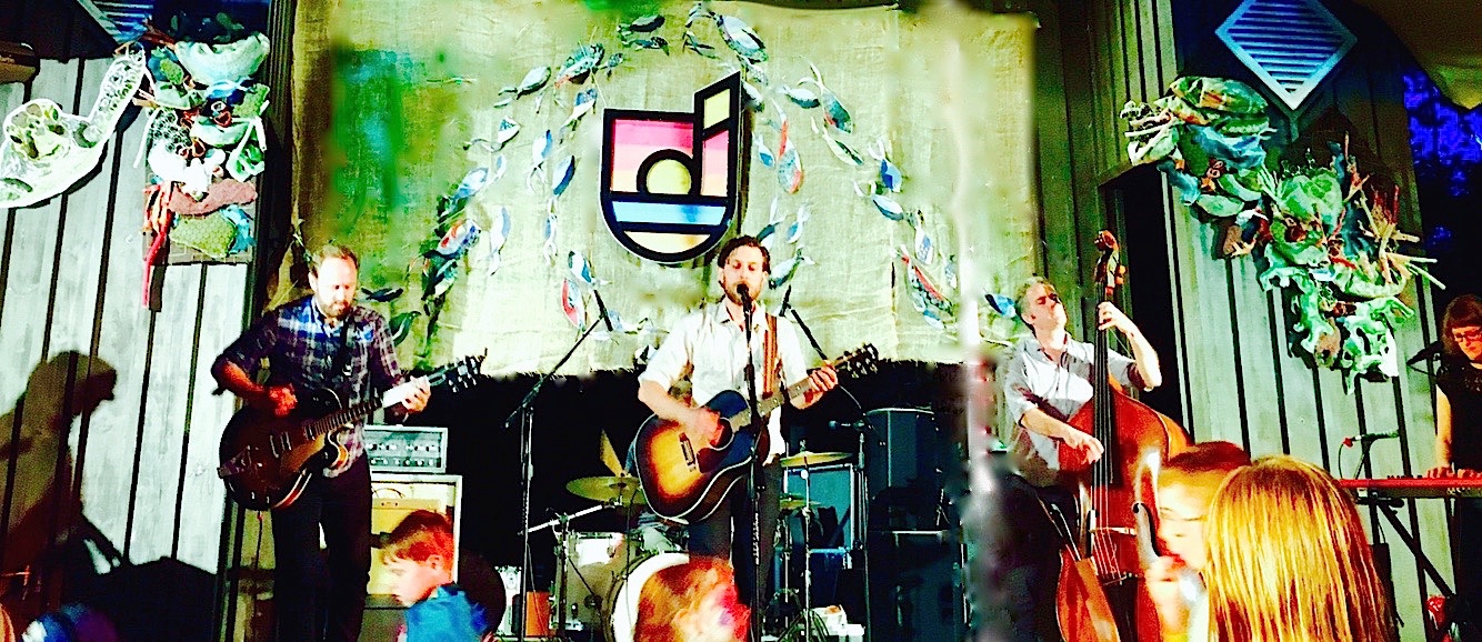 Above: photo of headliner, GREAT LAKE SWIMMERS with up cycled textile art- Good Reef! Helping The Dusk and Dawn Chorus by Suendrini 16 September 2017
