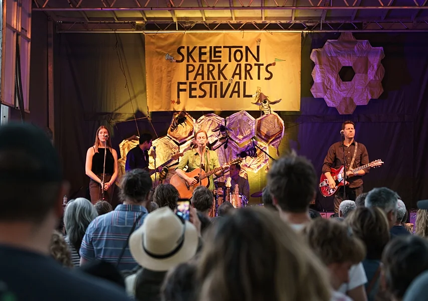 Above: Photo courtesy of Skeleton Park Arts Festival of headliner, SARAH HARMER and her band with up cycled textile art Below Art On Stage, Long View Wonder, Skeleton Park Art Festival 2017 stage 23-25 June 2017