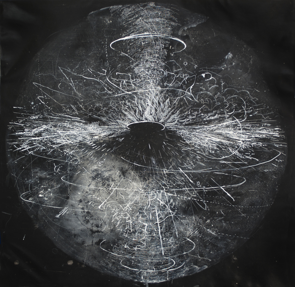 Harmonia II Acrylic, ink, white-out pen, sugar, salt, glue on canvas, 48x48". 2013
