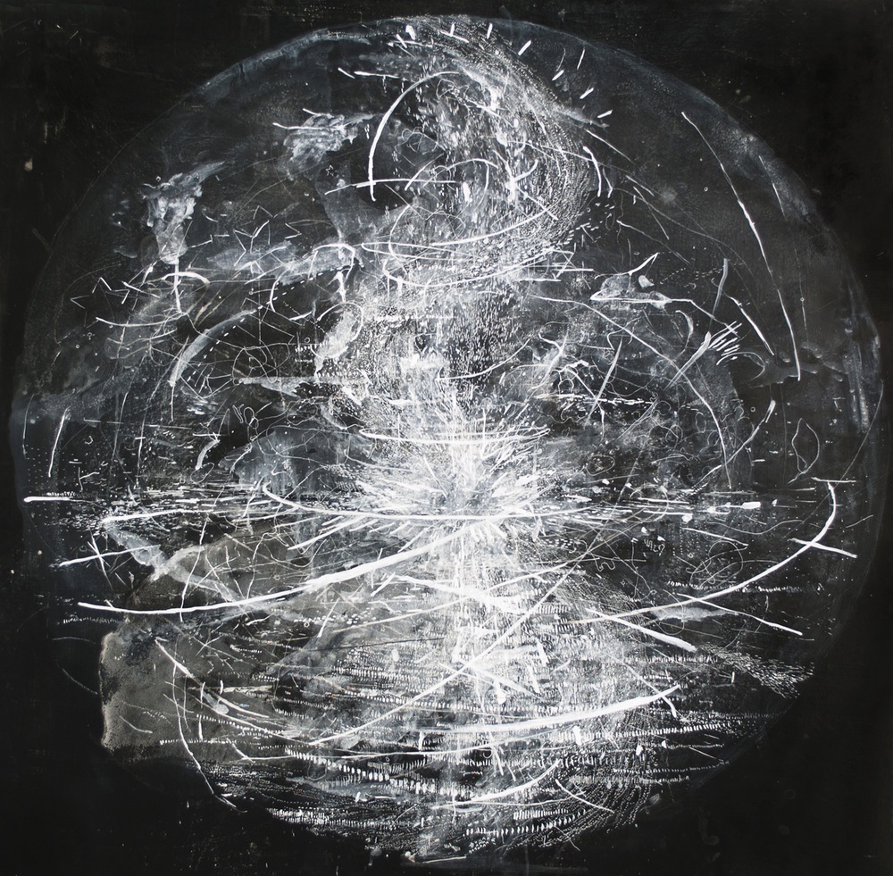 Harmonia I Acrylic, ink, white-out pen, sugar, salt, glue on canvas, 48x48". 2013