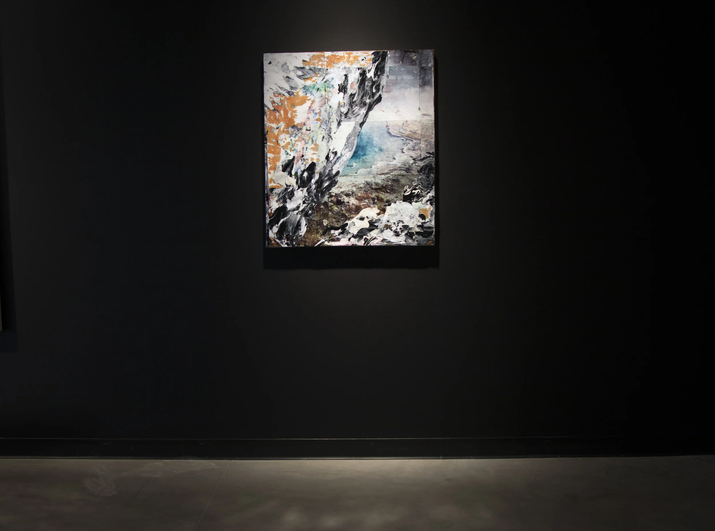 Fissure . Acrylic, ink, inkjet transparencies, salt crystals, epoxy resin on canvas.