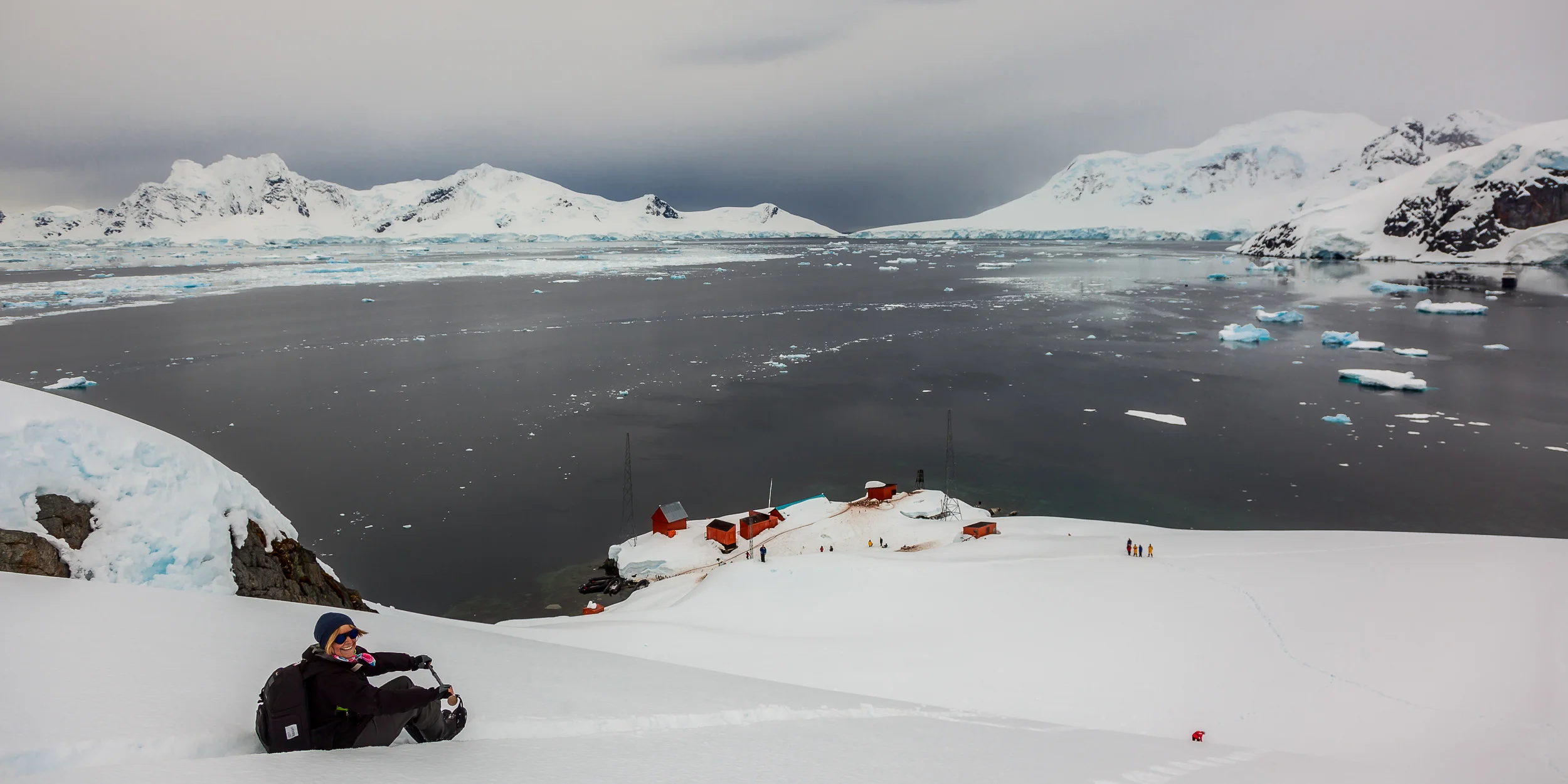 After making the arduous climb up the hill overlooking Paradise Harbour in Antarctica it's an absolute thrill to slide down, in a fraction of the time.