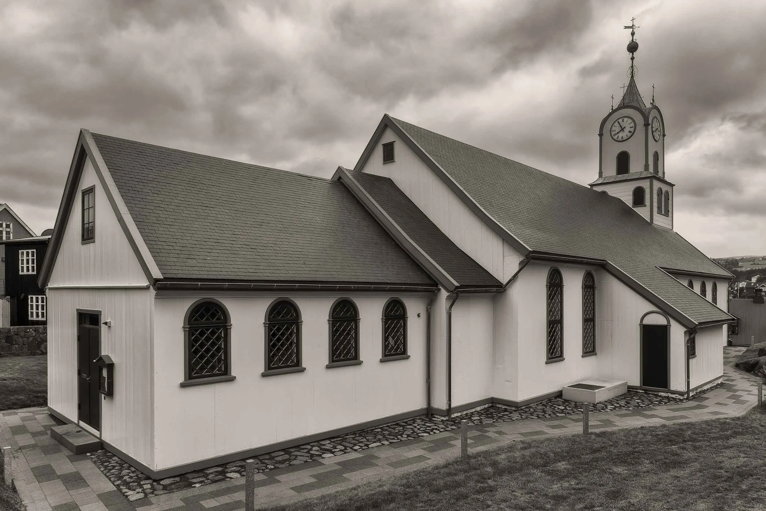 A stormy sky over Tórshavn Cathedral in the Faroe Islands .