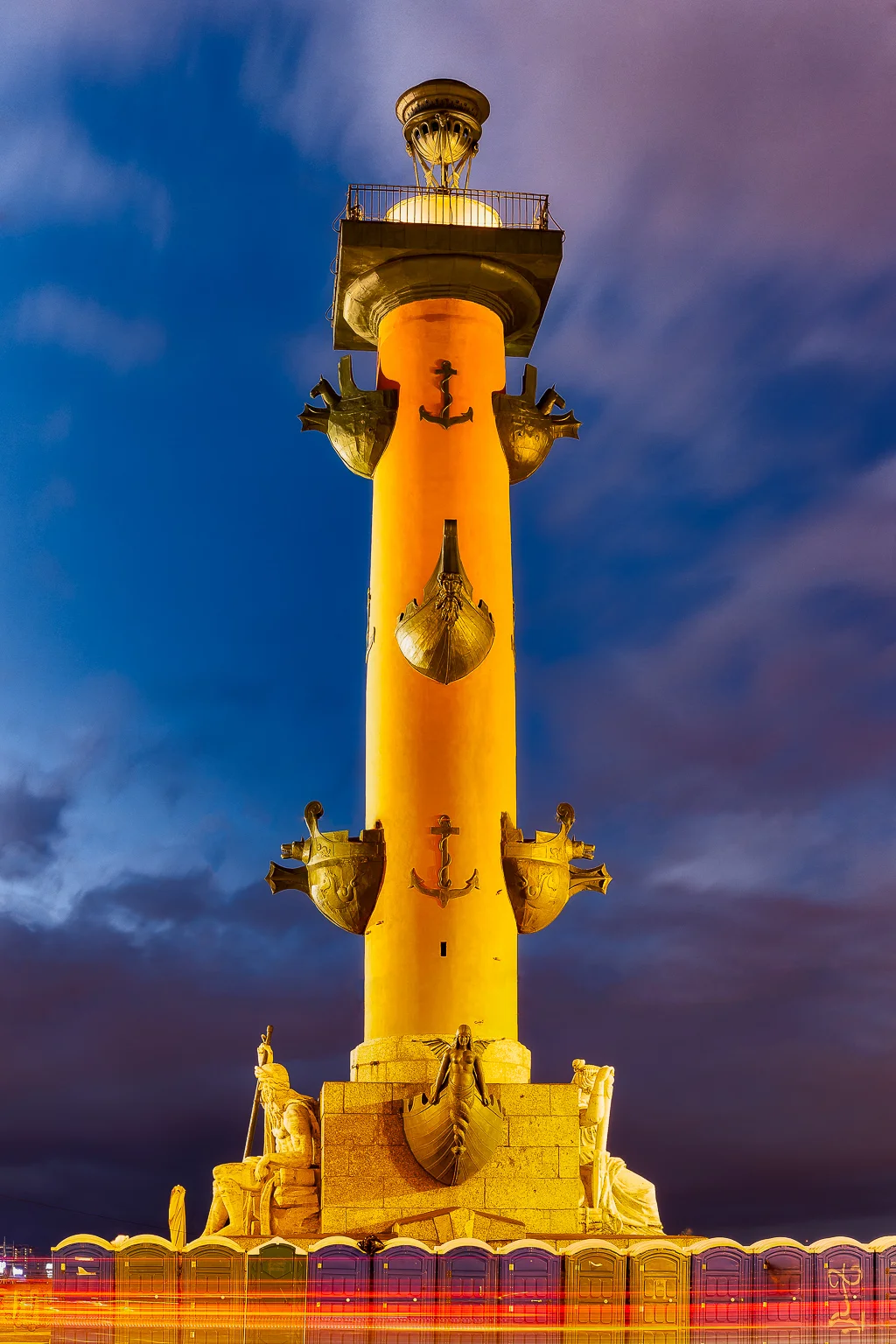 One of two Rostral Columns built to guide ships up the Neva River , during the long, dark winter nights, in St. Petersburg, Russia