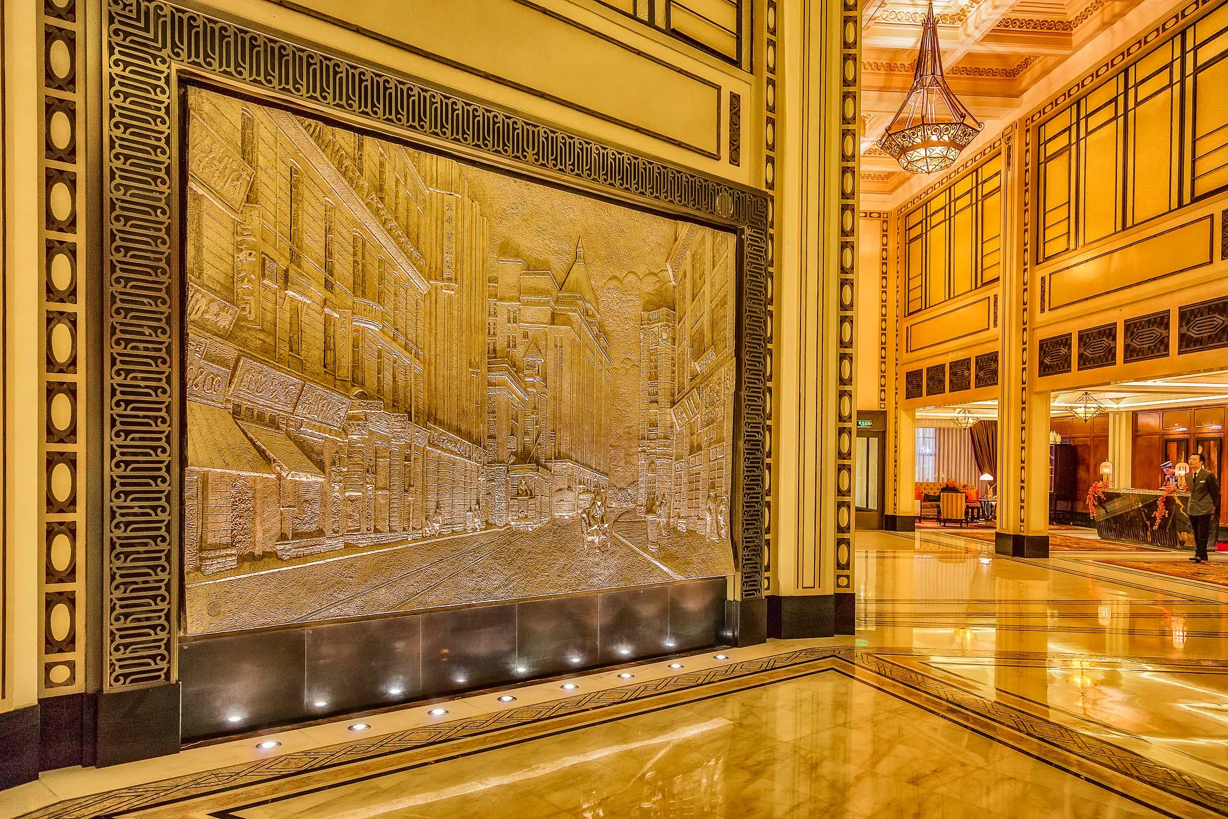 Metal mural in the foyer of the Fairmont Peace Hotel in Shanghai.