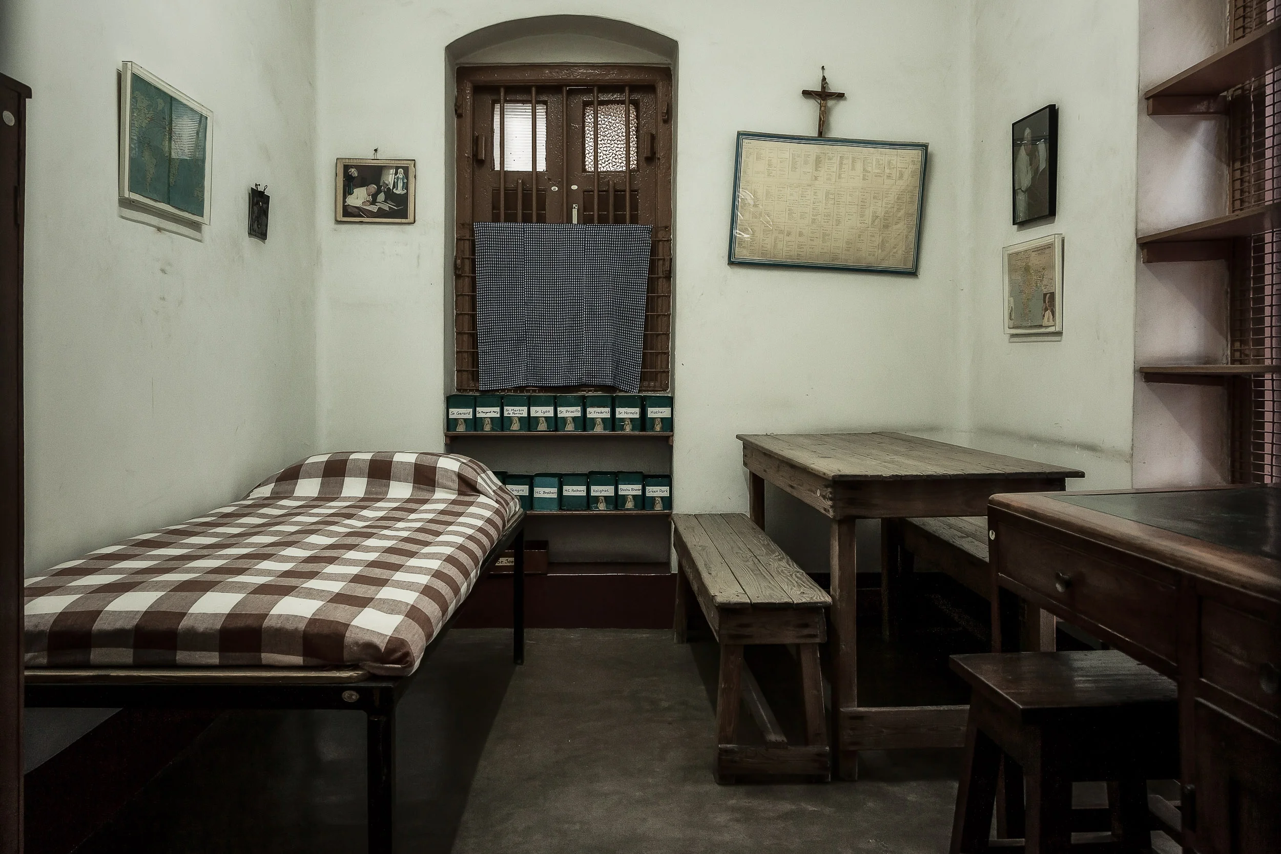 Spartan nature of Mother Teresa's bedroom at Mother House in Kolkata, India.