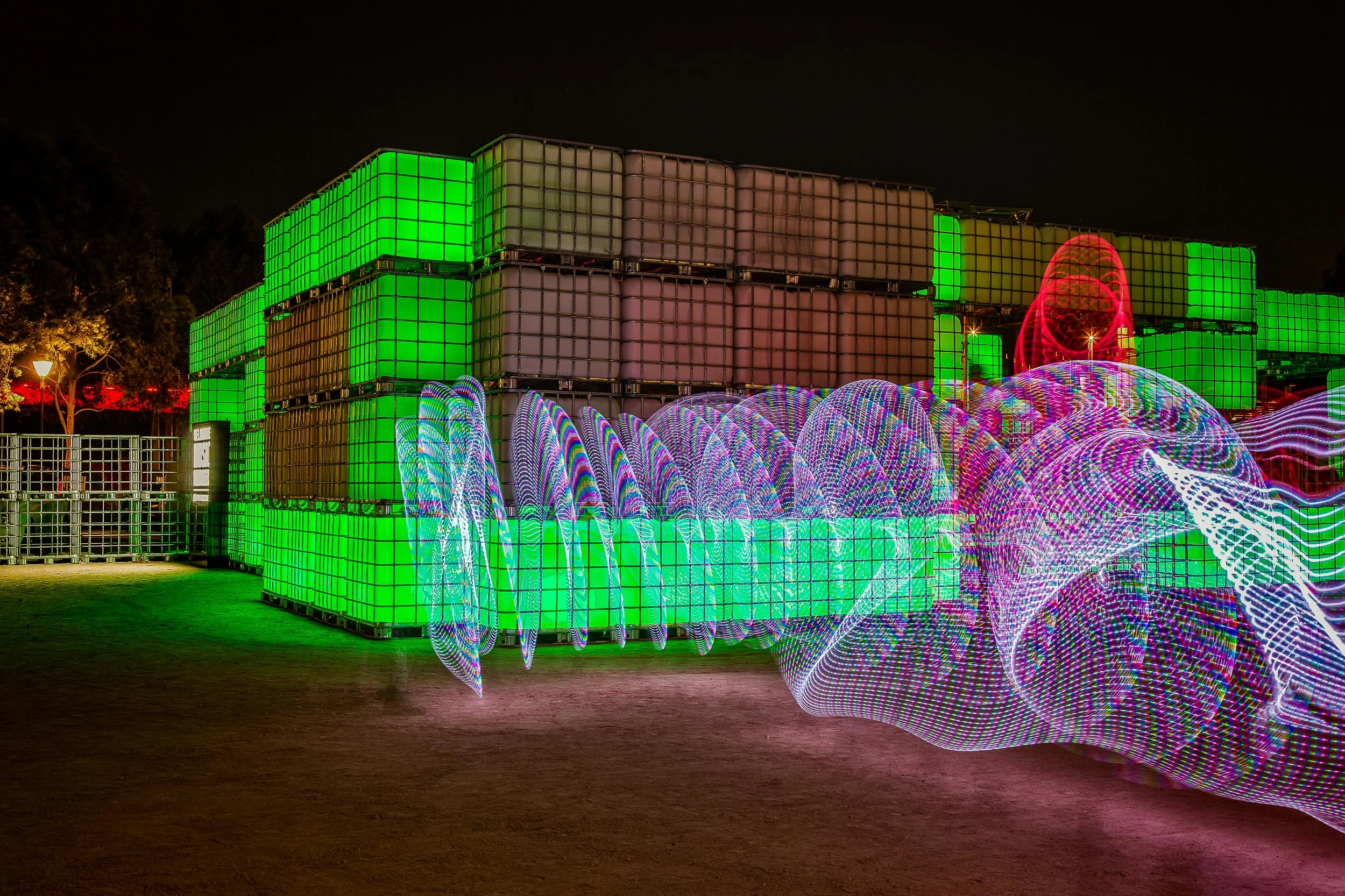An interesting temporary structure designed to house a dance party , but resembling a stack of hay bales, at Birrarung Marr, Melbourne, Australia
