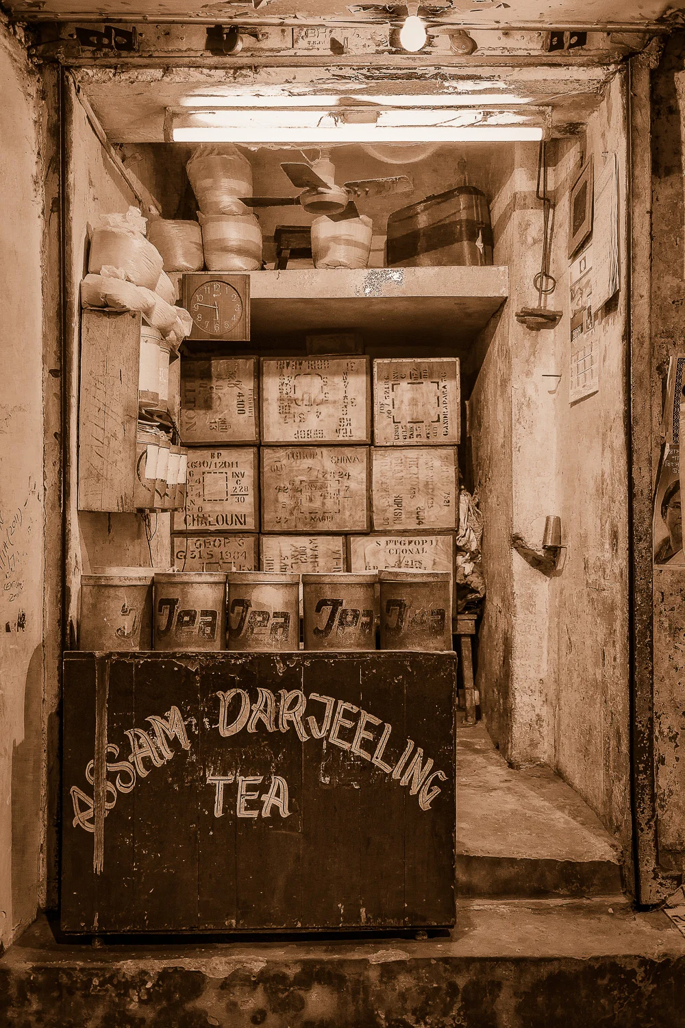 Nostalgic view of a tea store displaying Assam Darjeeling Tea, Kolkata, India.