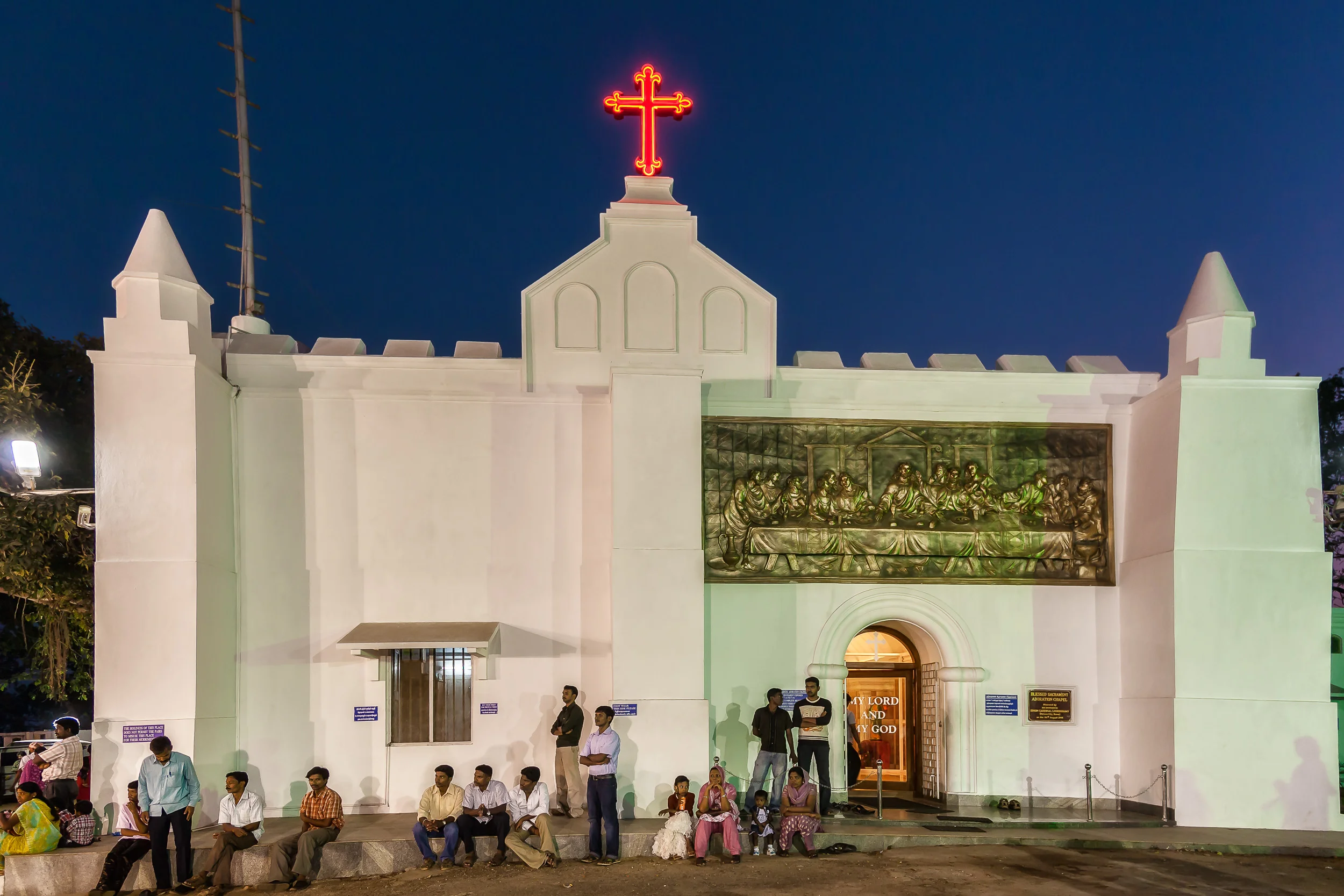 A crowd watching the night sky on the steps of the beautiful St. Thomas Mount National Shrine on the outskirts of Chennai, India