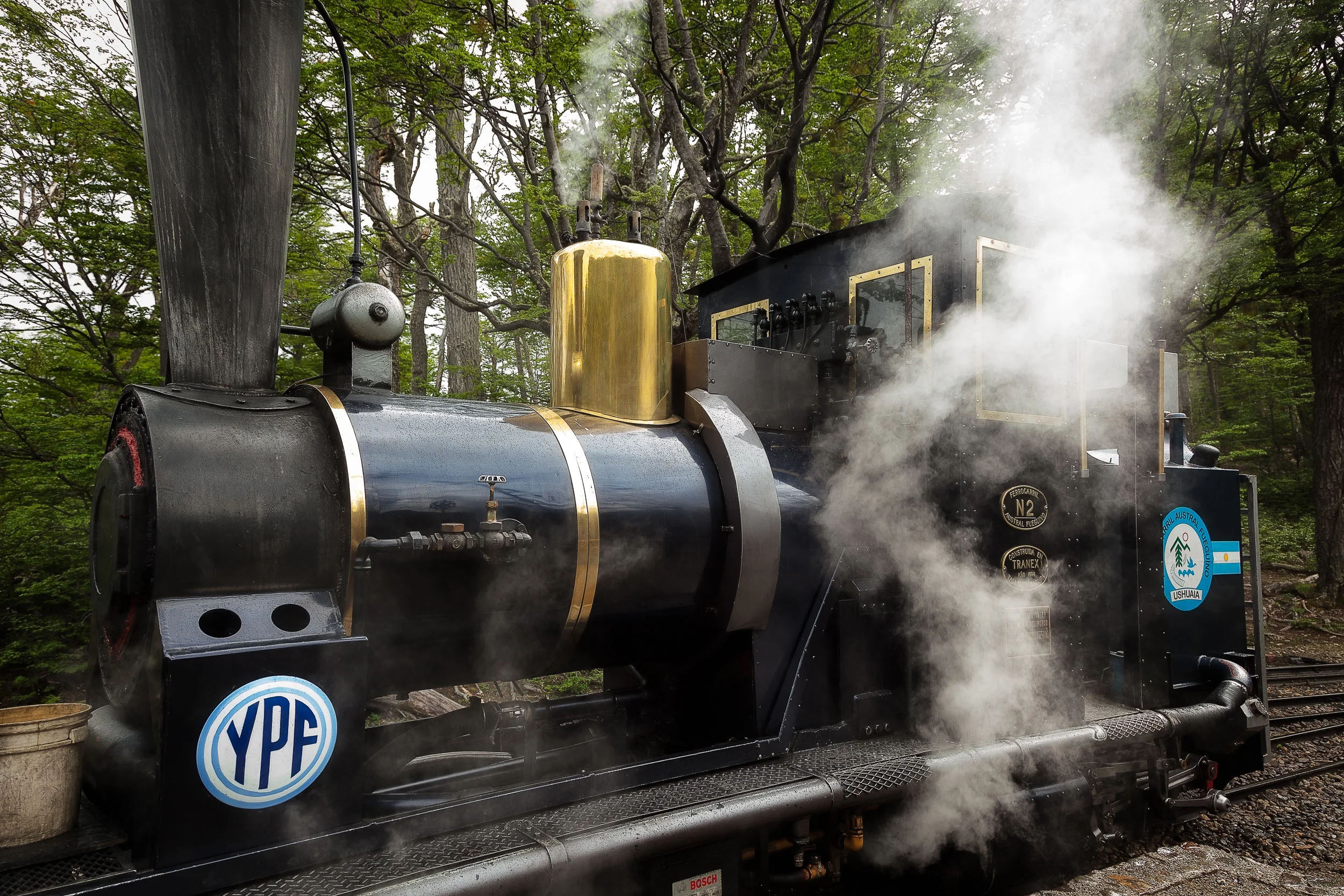 The engine of a lovely steam train in the T ierra del Fuego National Park , Argentina .
