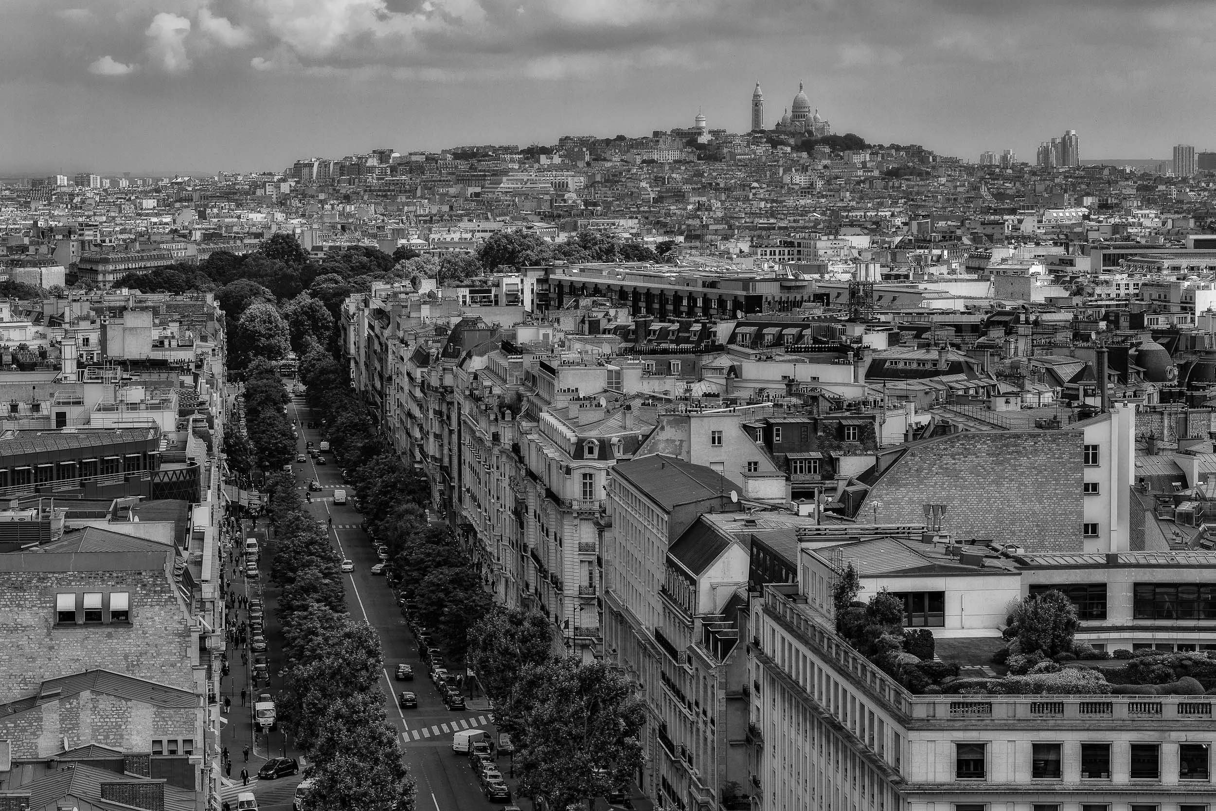 Rooftop view towards the Sacre Coeur Basilica on Montmarte in Paris.