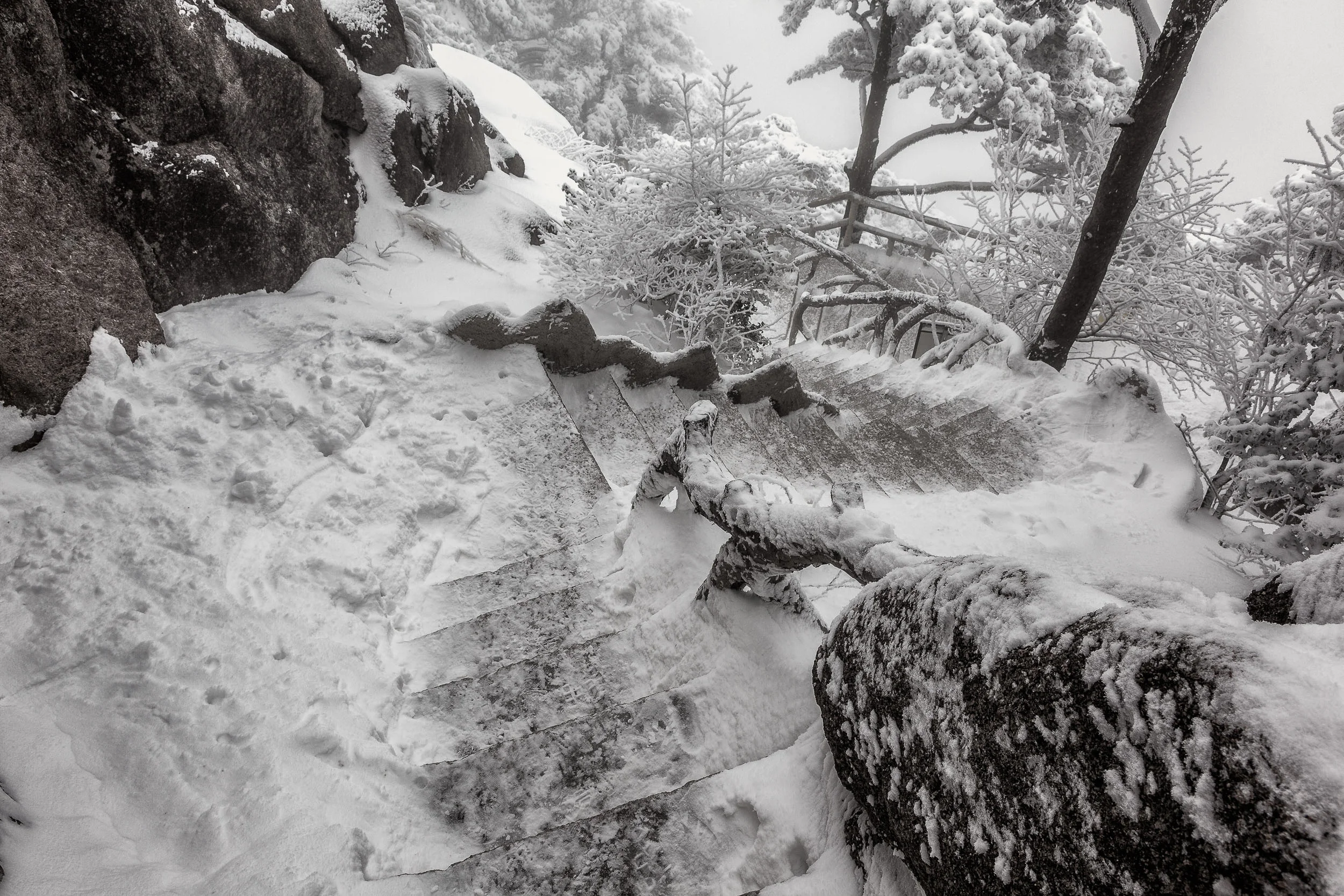 Yellow Mountain trail in winter, before workers sweep snow and ice away.
