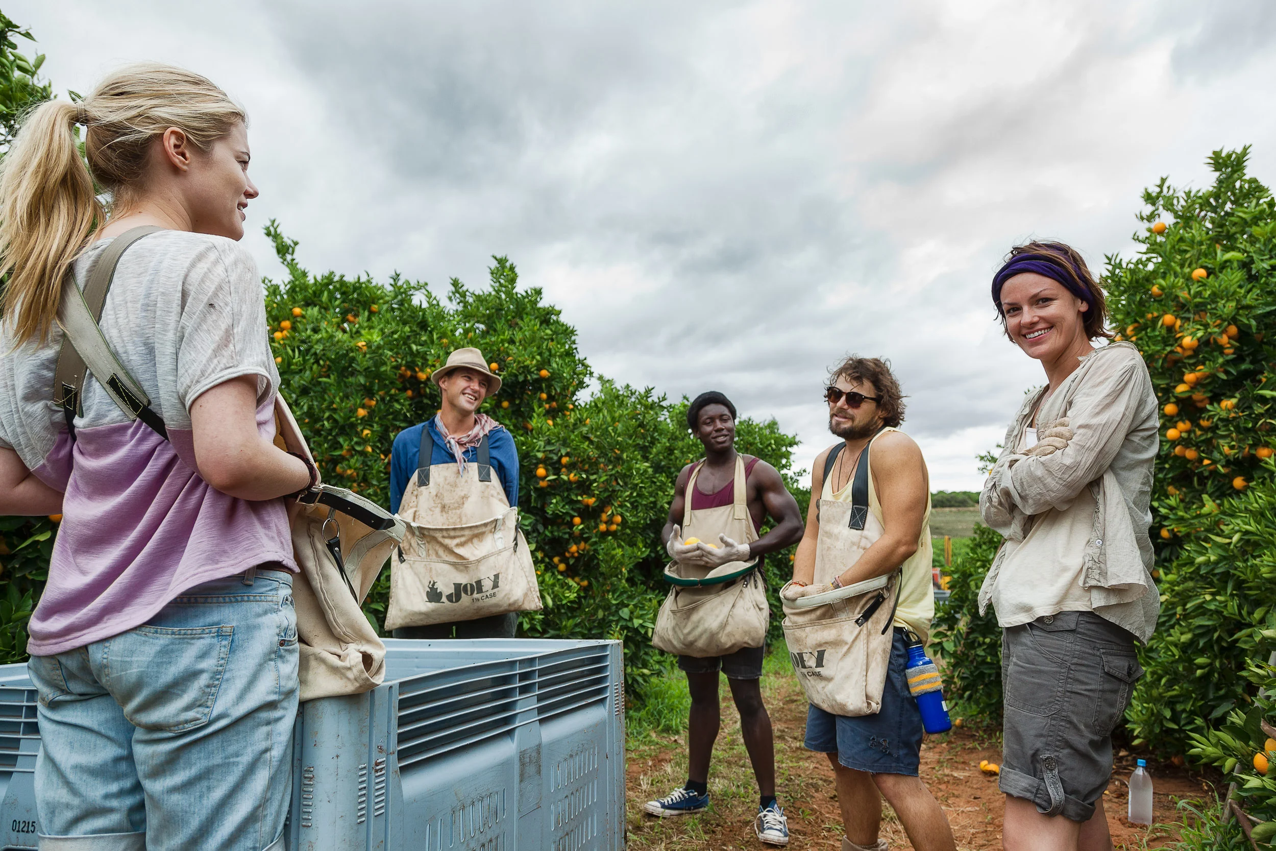 Fun photo depicting a candid moment in the orange groves near Mildura.