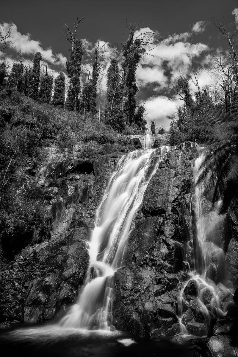 Water cascades down the face of Steavenson Falls near Marysville in north eastern Victoria, Australia .