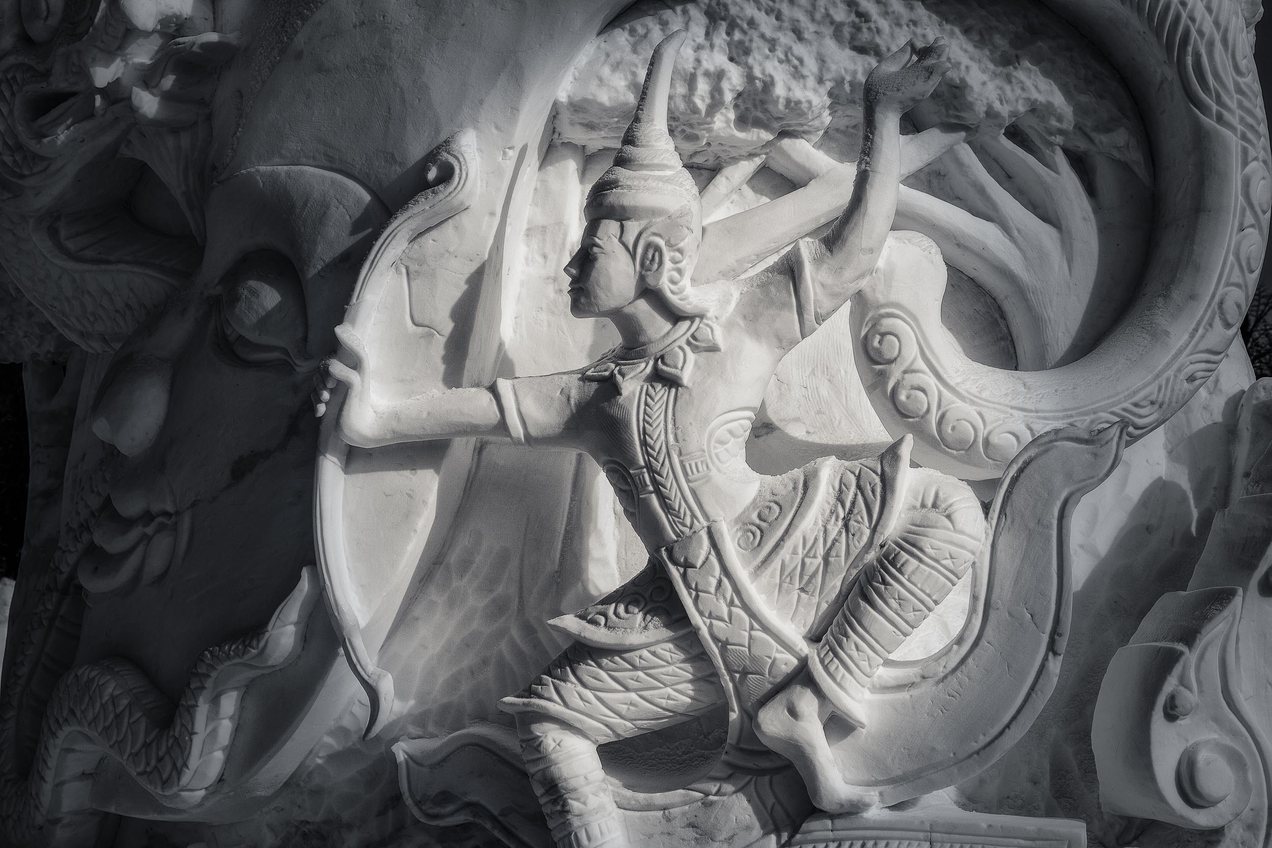 Thai warrior, carved in snow at Snow World in Harbin, China.