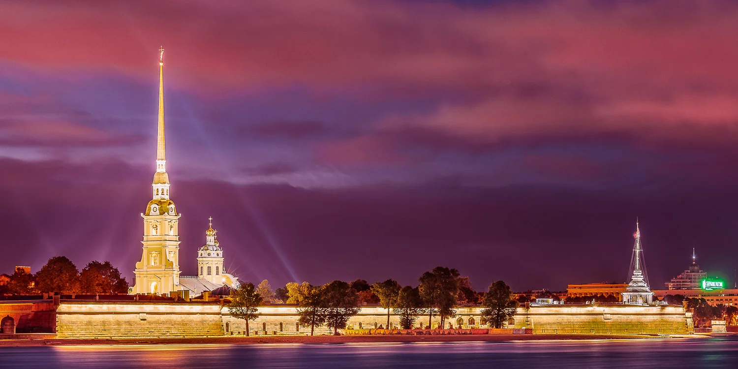 Peter and Paul Fortress at night on Russian Navy Day, St. Petersburg.