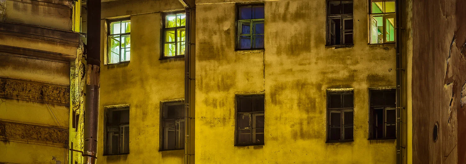 An eerie scene of windows and old city buildings, St. Petersburg, Russia