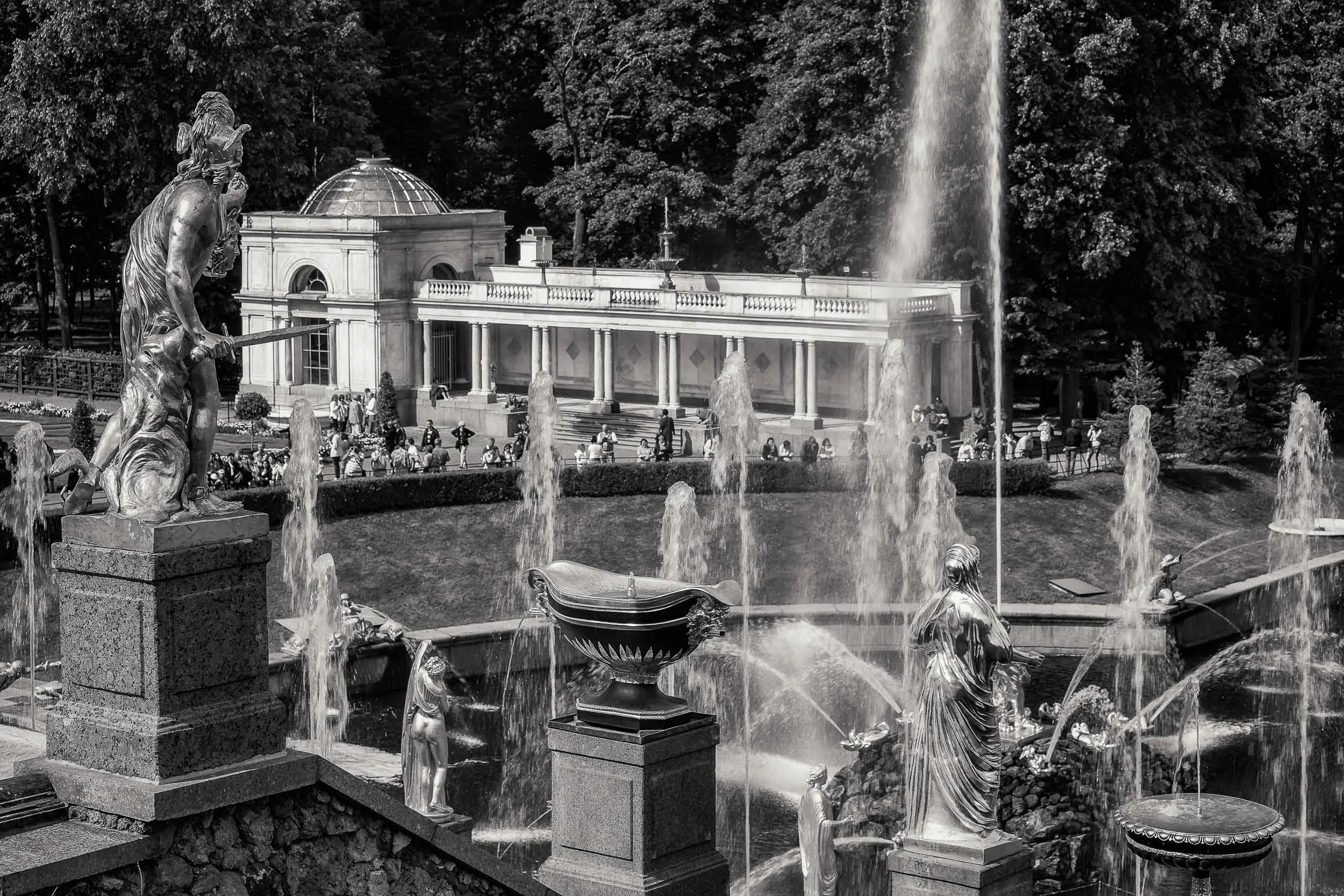 A black and white image showing a rear view of the Grand Cascade at Peterhof Palace near St. Petersburg, Russia .