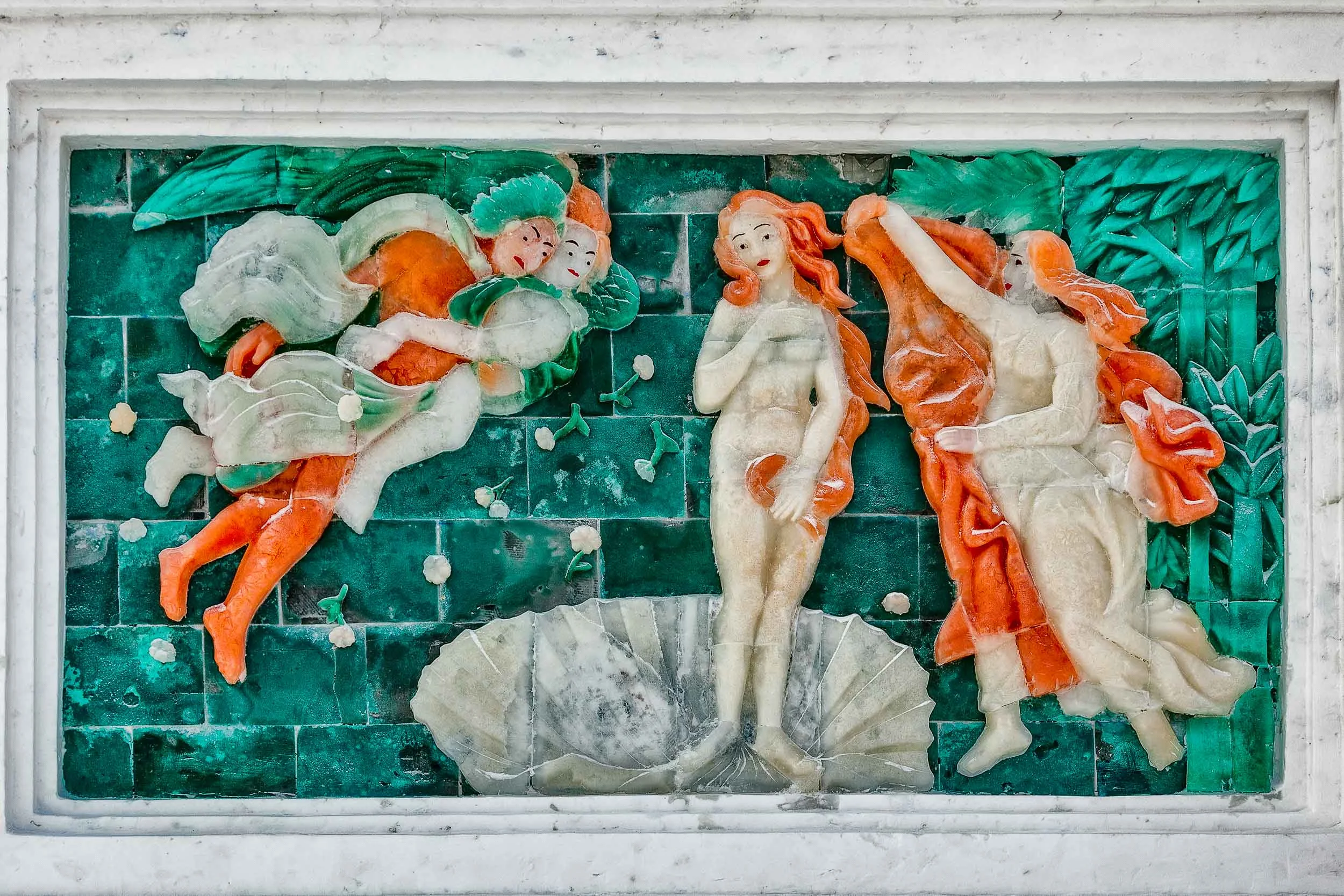 Orange and green colored mural at Snow World in Harbin, China.