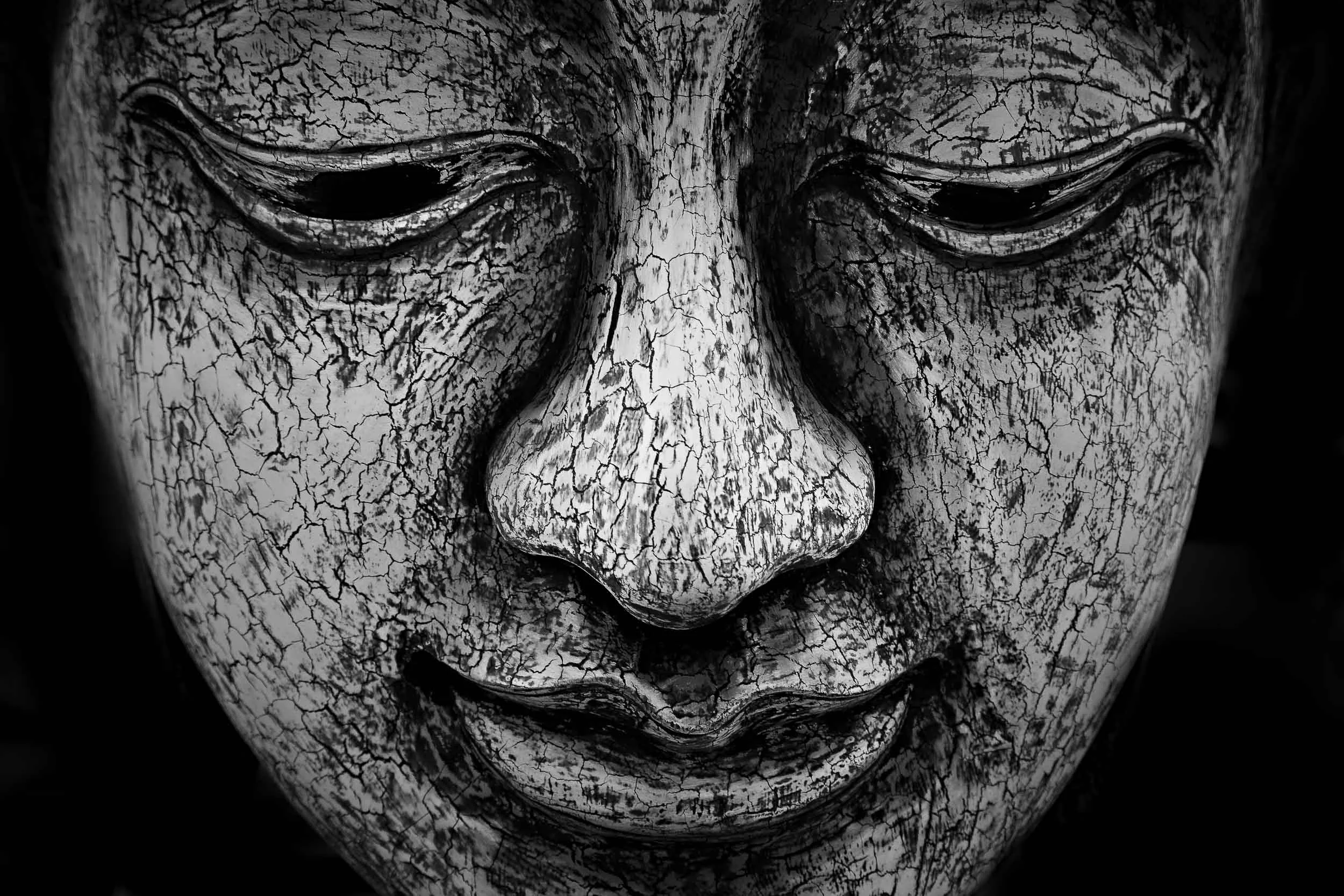 A detailed view of a contemplative study of the Buddha's face in this statue in rural Thailand .