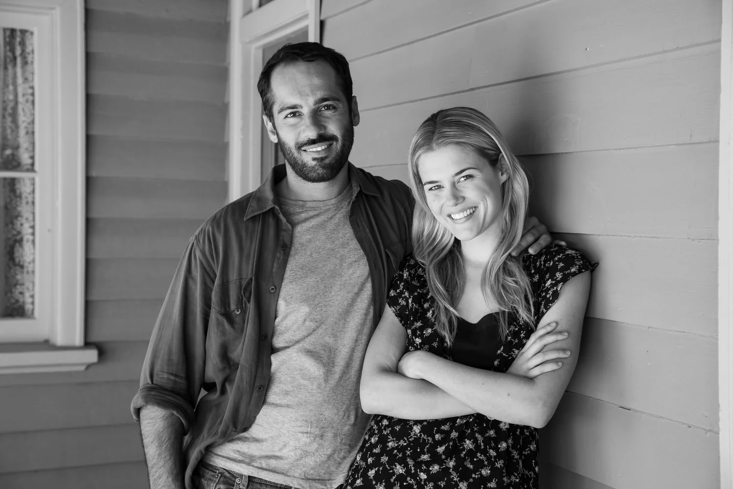 A black and white portrait of actors Rachael Taylor and Alex Dimitriades on the set of Summer Coda in Mildura, Australia.