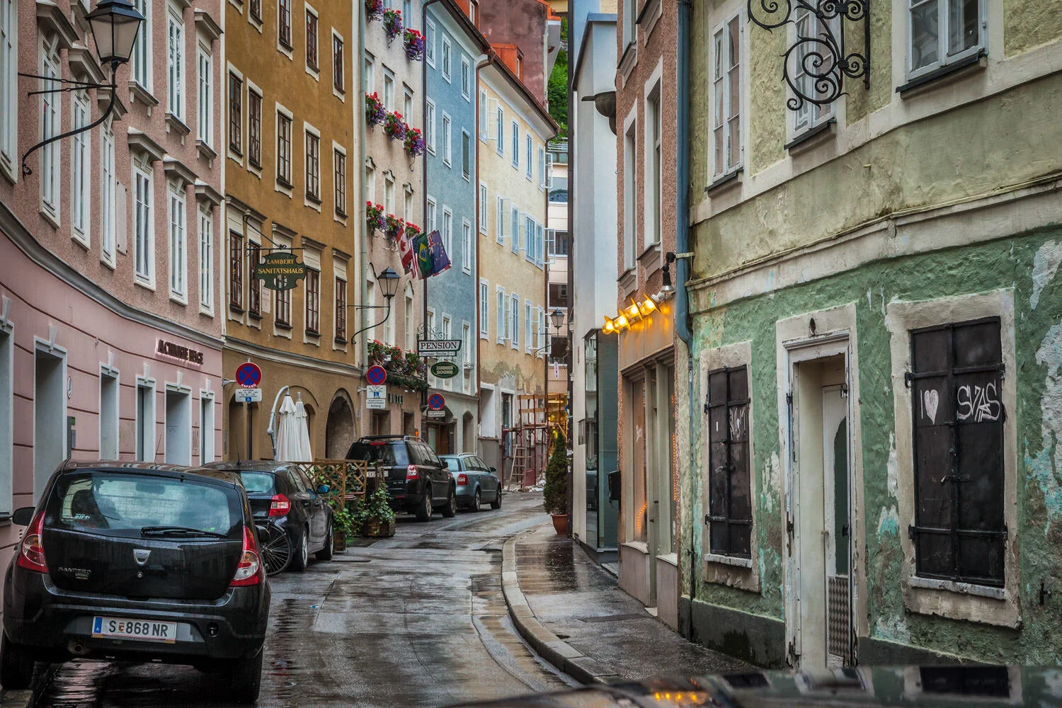 Beautiful color makes for good photos along a rainy backstreet in Salzburg.