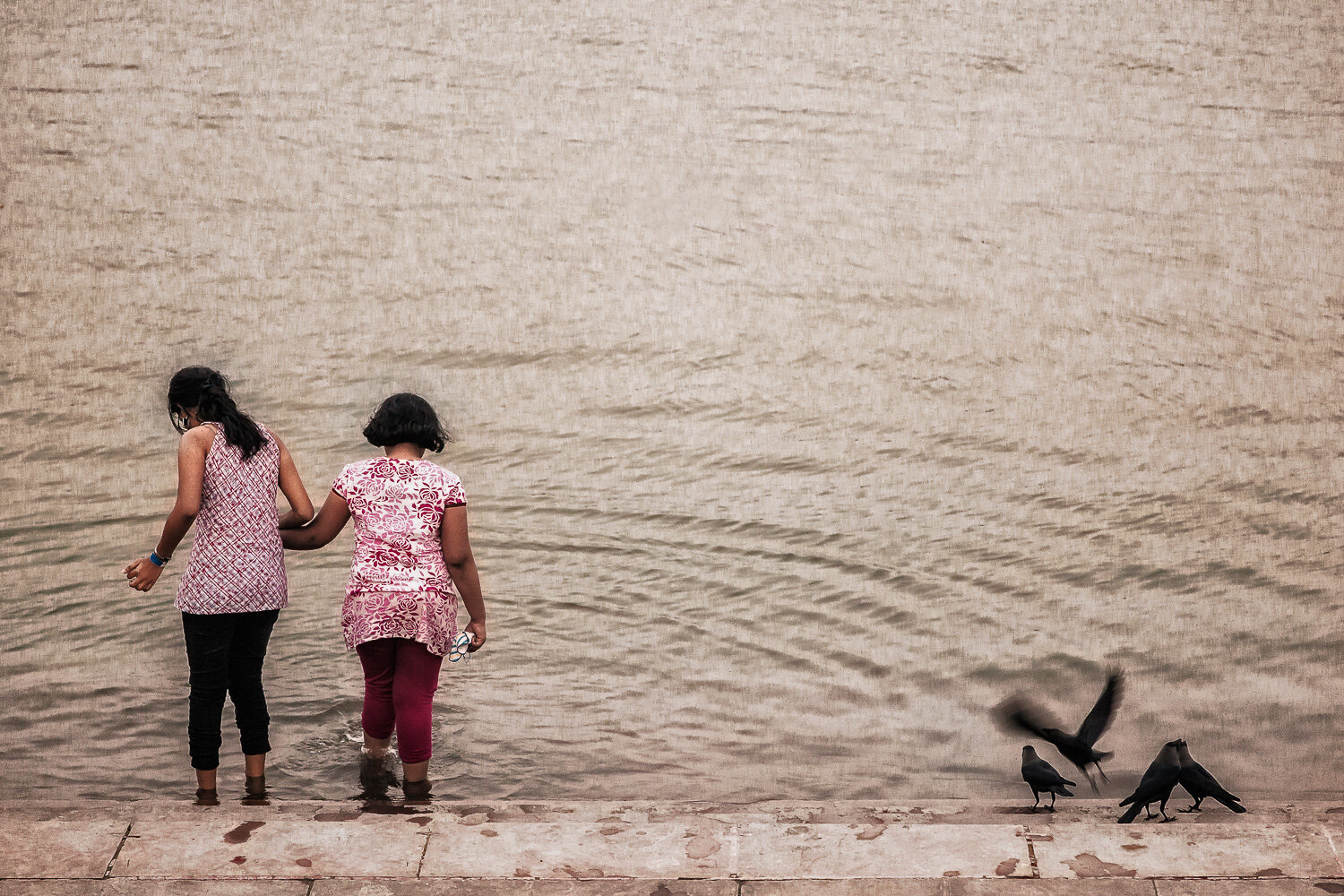 Two Girls and Crows, Hooghly River, Kolkata, India