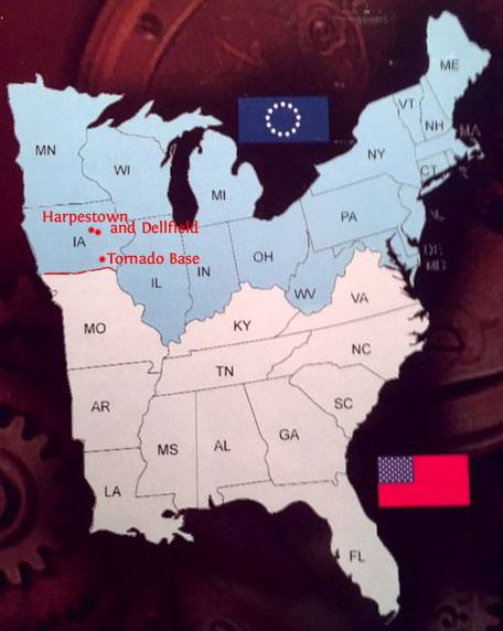 Show Notes Fig. 901 - The bulk of the Imperial United States and Confederation square off for war. The map shows the location of Martin Barnett's home, and the location of the military base where he's headed.