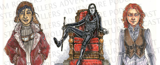 Show Notes Fig. 1601 - Jenn The Artist's renderings (from left to right) of Pandora, Teivel Hearse, and Alice, from Clockwork Looking Glass.